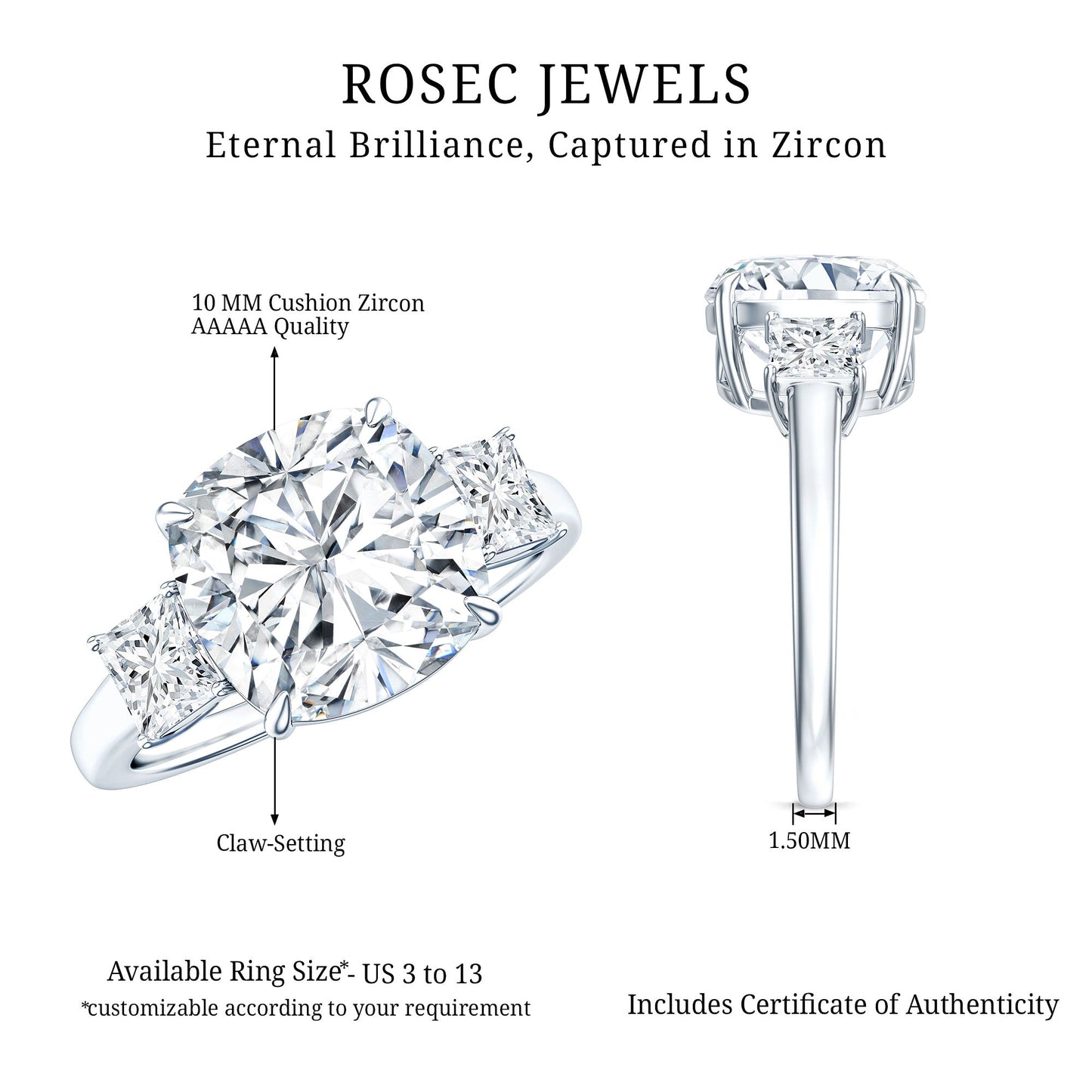 Cushion Cut Zircon Solitaire Engagement Ring with Side Stones