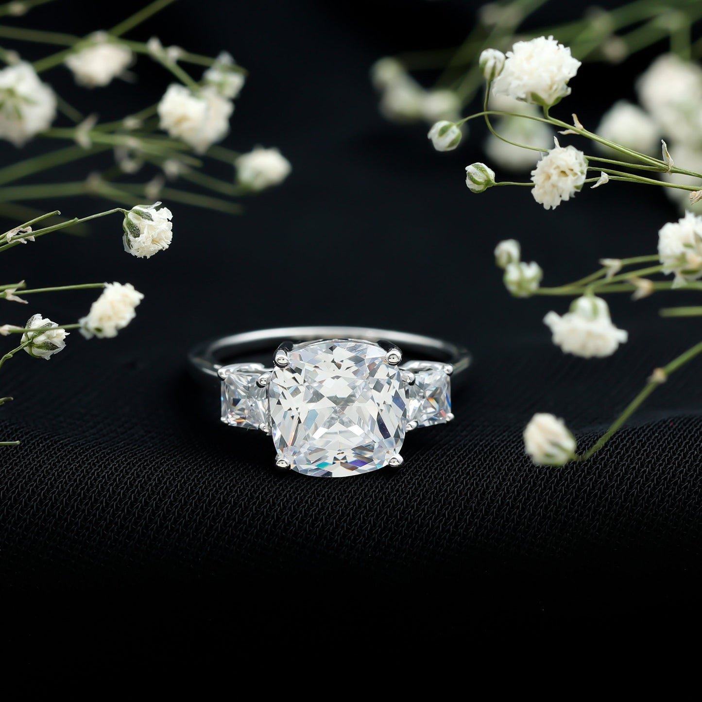 Cushion Cut Zircon Solitaire Engagement Ring with Side Stones