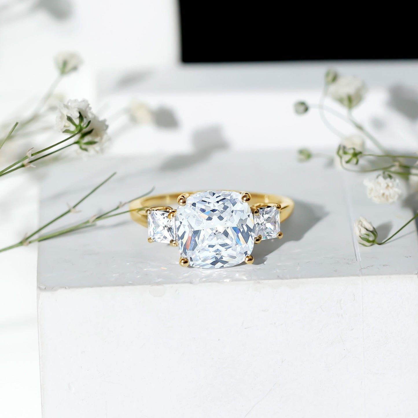 Cushion Cut Zircon Solitaire Engagement Ring with Side Stones