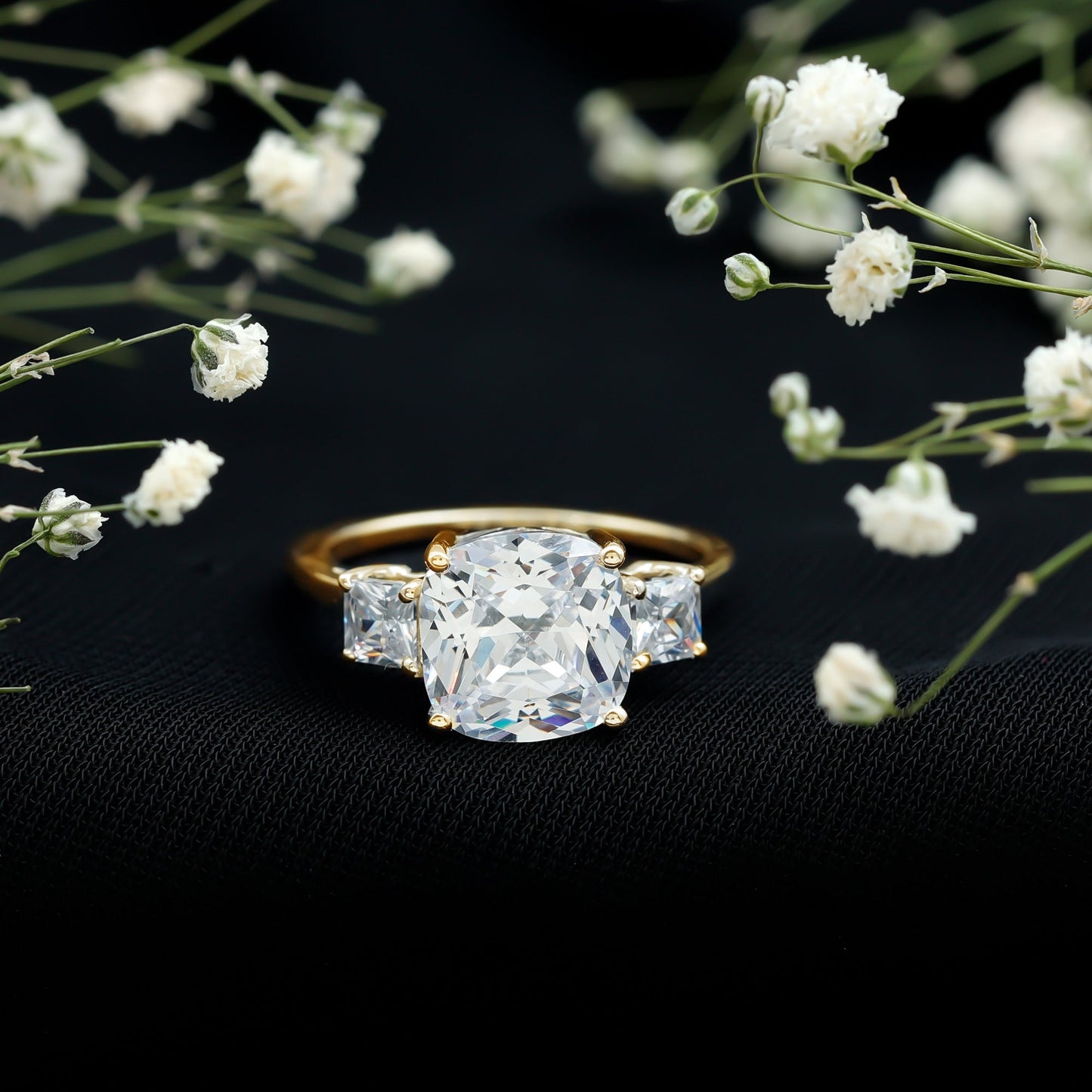 Cushion Cut Zircon Solitaire Engagement Ring with Side Stones