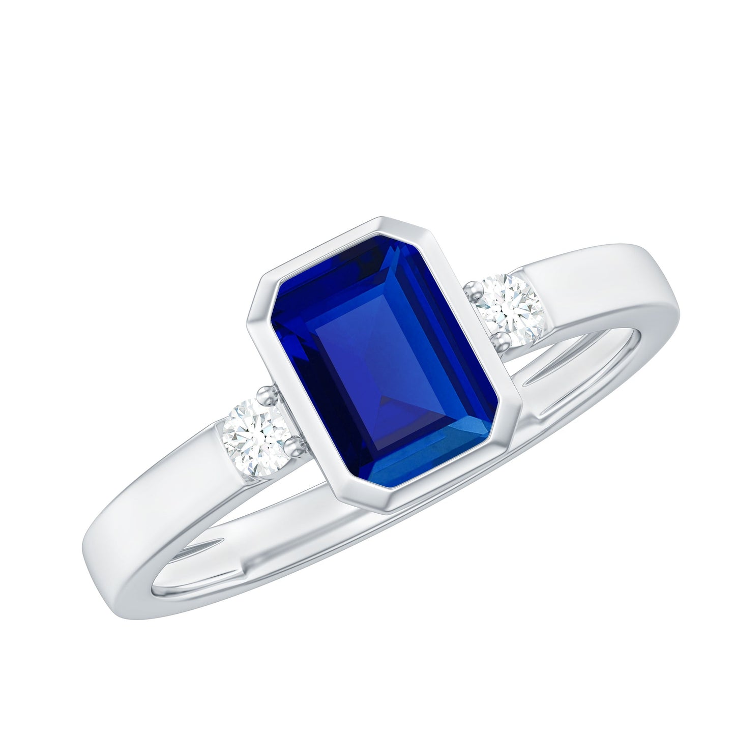 Bezel Set 1.75 Carat Lab Grown Blue Sapphire Emerald Cut Engagement Ring with Diamond