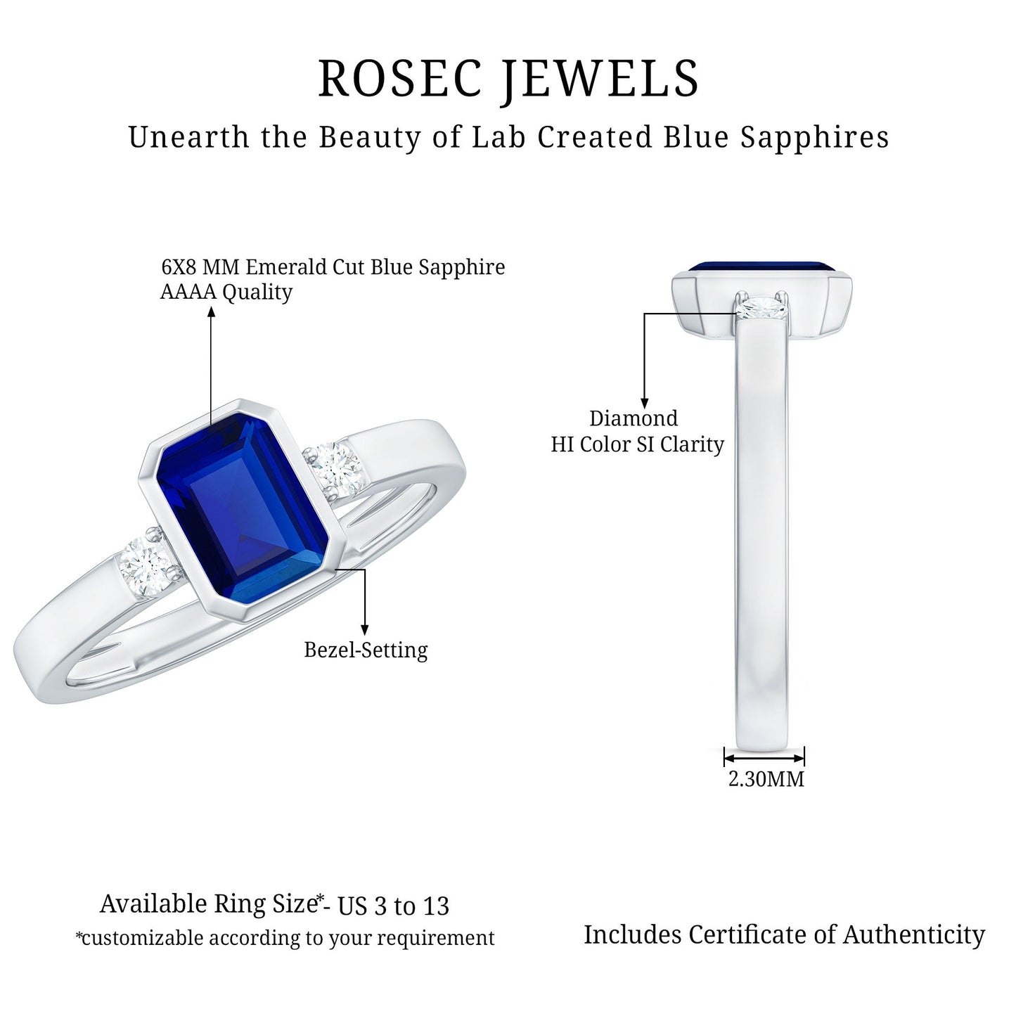 Bezel Set 1.75 Carat Lab Grown Blue Sapphire Emerald Cut Engagement Ring with Diamond