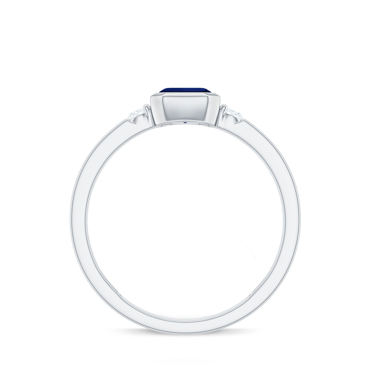 Bezel Set 1.75 Carat Lab Grown Blue Sapphire Emerald Cut Engagement Ring with Diamond