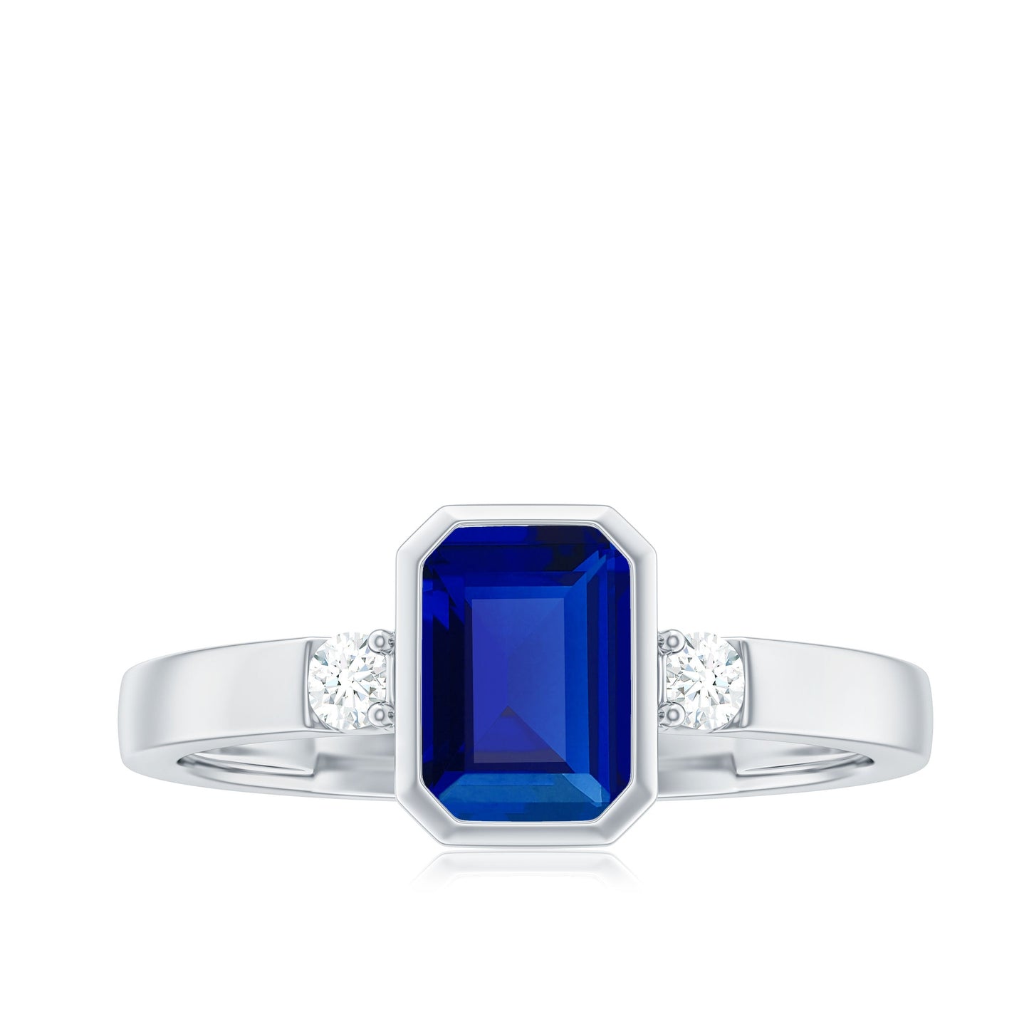 Bezel Set 1.75 Carat Lab Grown Blue Sapphire Emerald Cut Engagement Ring with Diamond