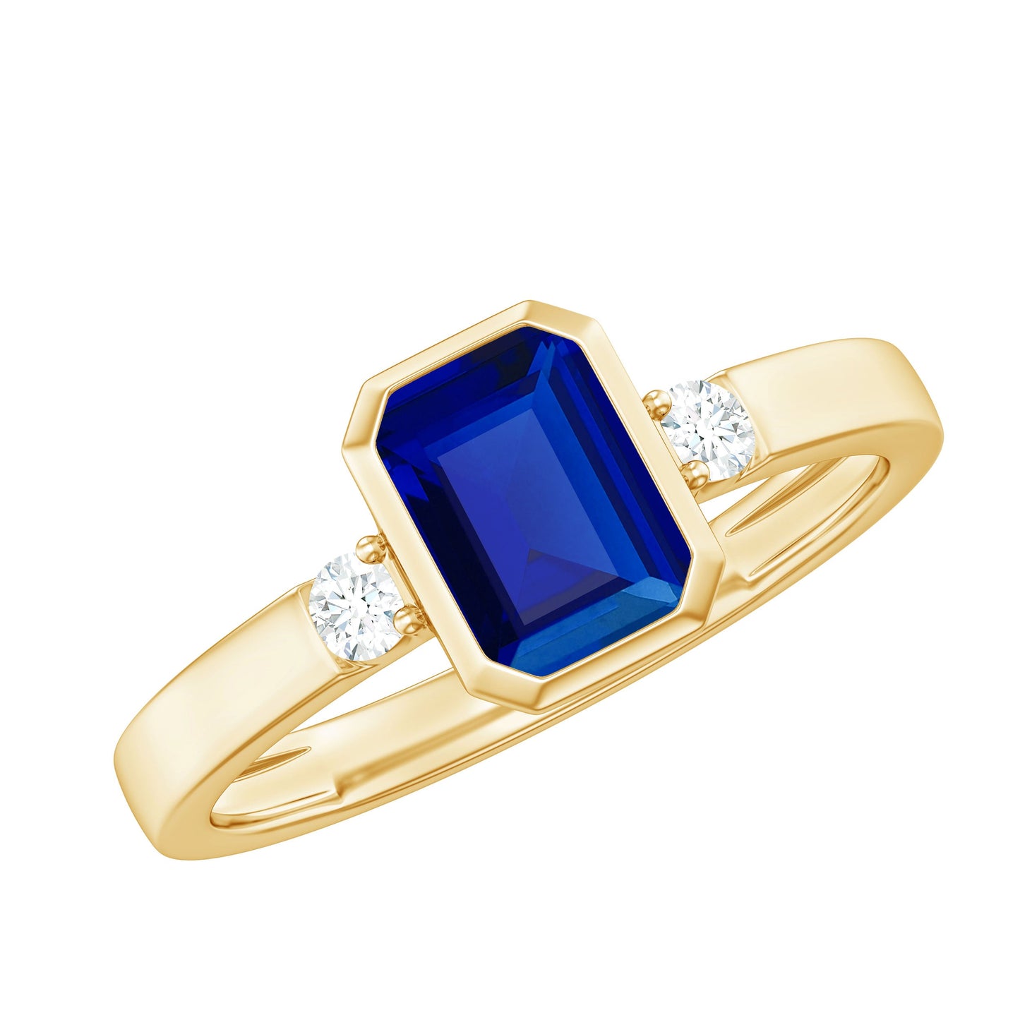 Bezel Set 1.75 Carat Lab Grown Blue Sapphire Emerald Cut Engagement Ring with Diamond