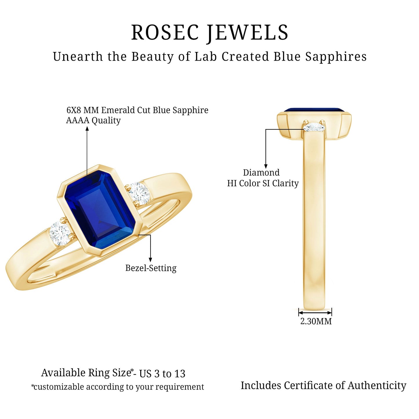 Bezel Set 1.75 Carat Lab Grown Blue Sapphire Emerald Cut Engagement Ring with Diamond