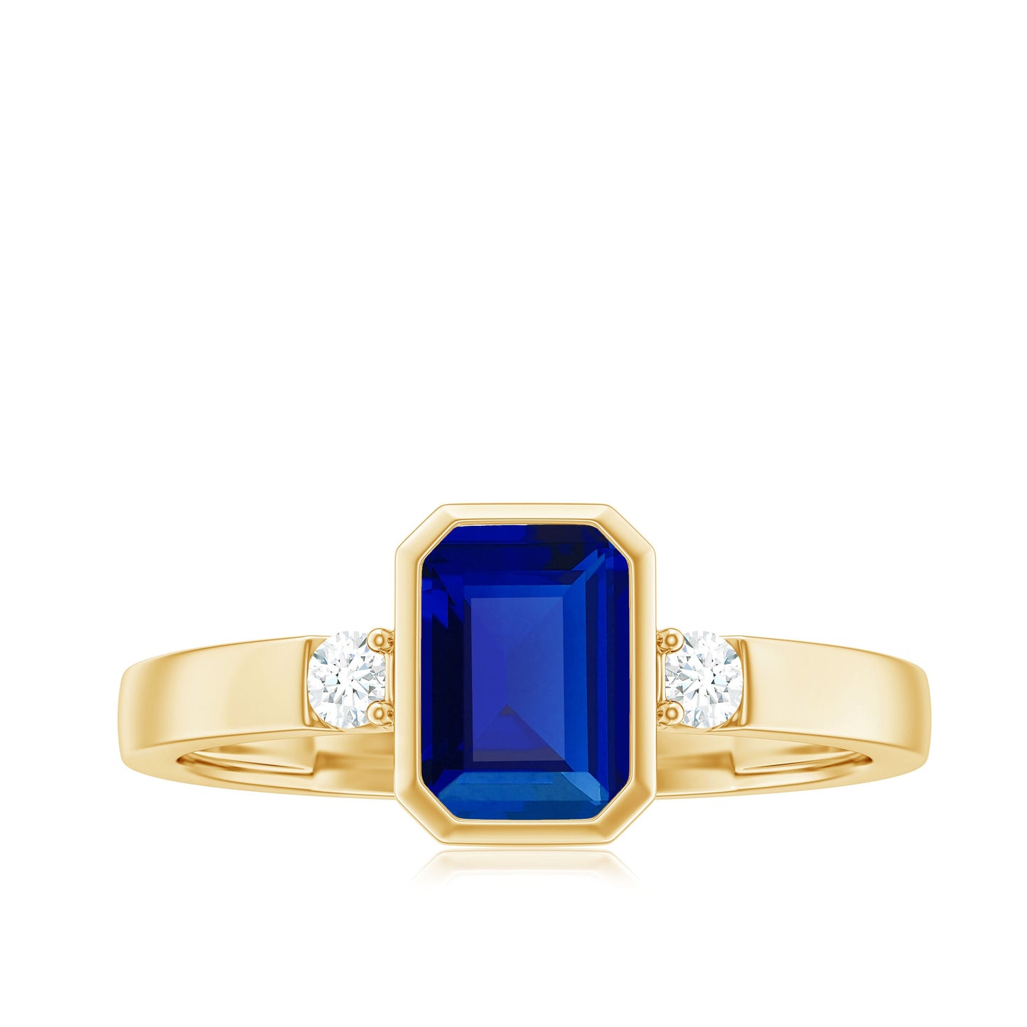 Bezel Set 1.75 Carat Lab Grown Blue Sapphire Emerald Cut Engagement Ring with Diamond
