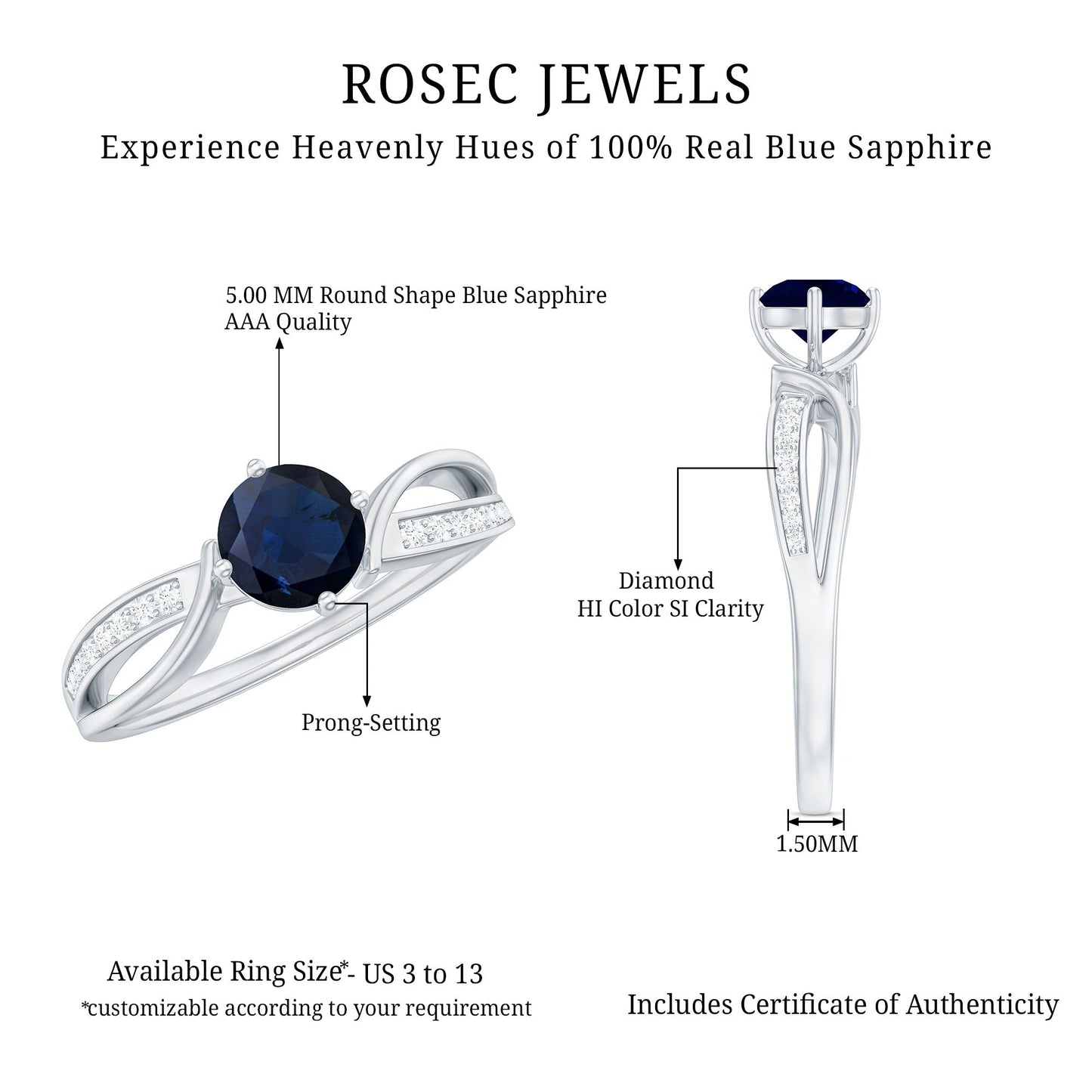 Infinity Shank Round Blue Sapphire Engagement Ring with Diamond
