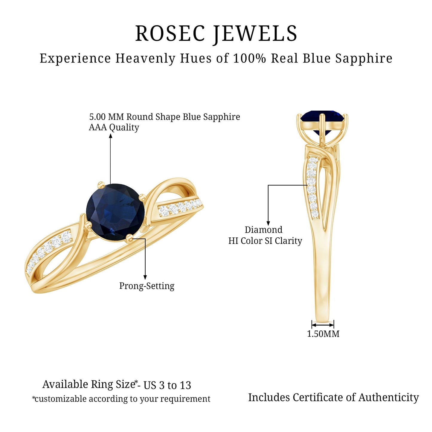 Infinity Shank Round Blue Sapphire Engagement Ring with Diamond