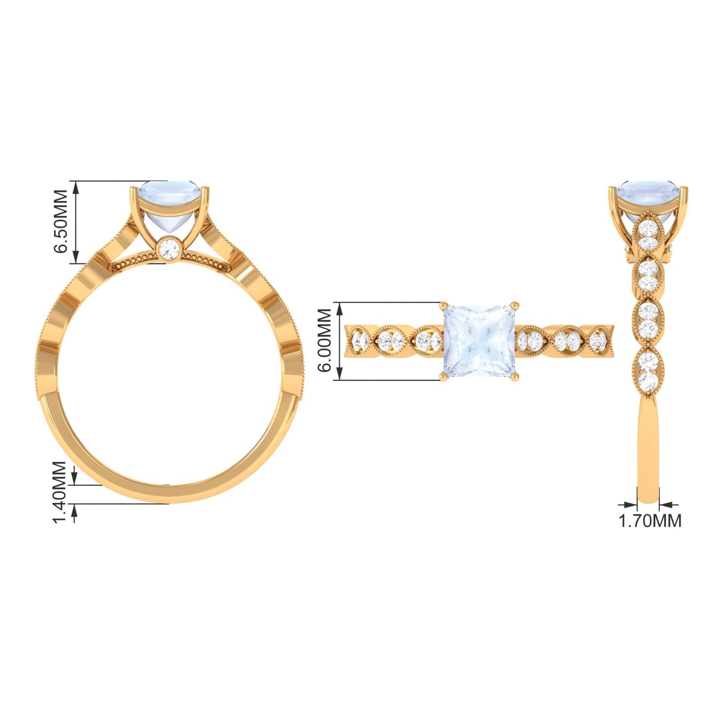 1 CT Princess Cut Moonstone Solitaire Ring with Diamond Side Stones