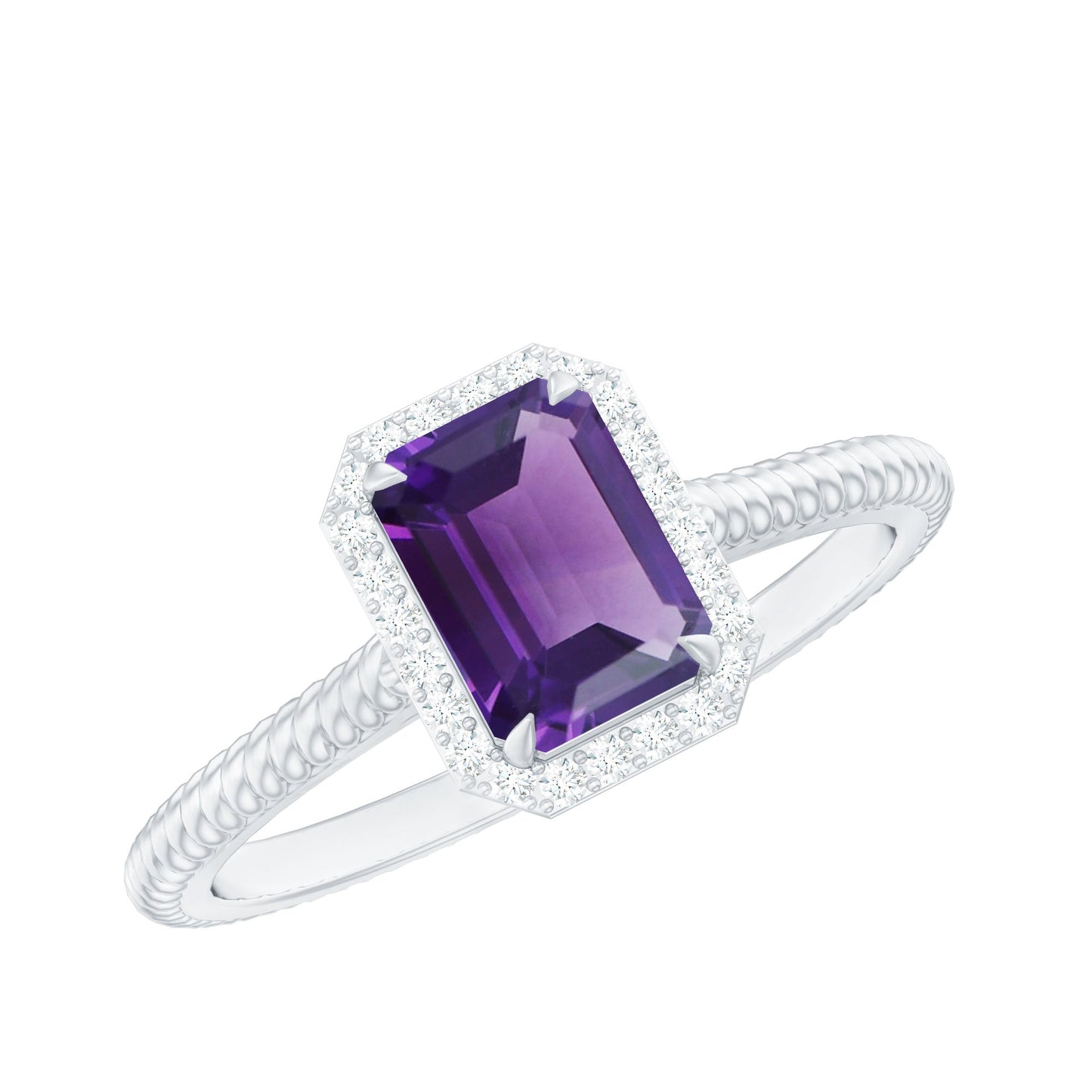 1.5 CT Octagon Cut Amethyst Solitaire Engagement Ring with Diamond Halo