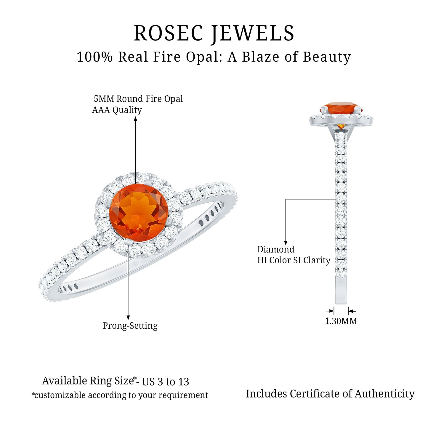 Round Shape Fire Opal Halo Engagement Ring with Diamond