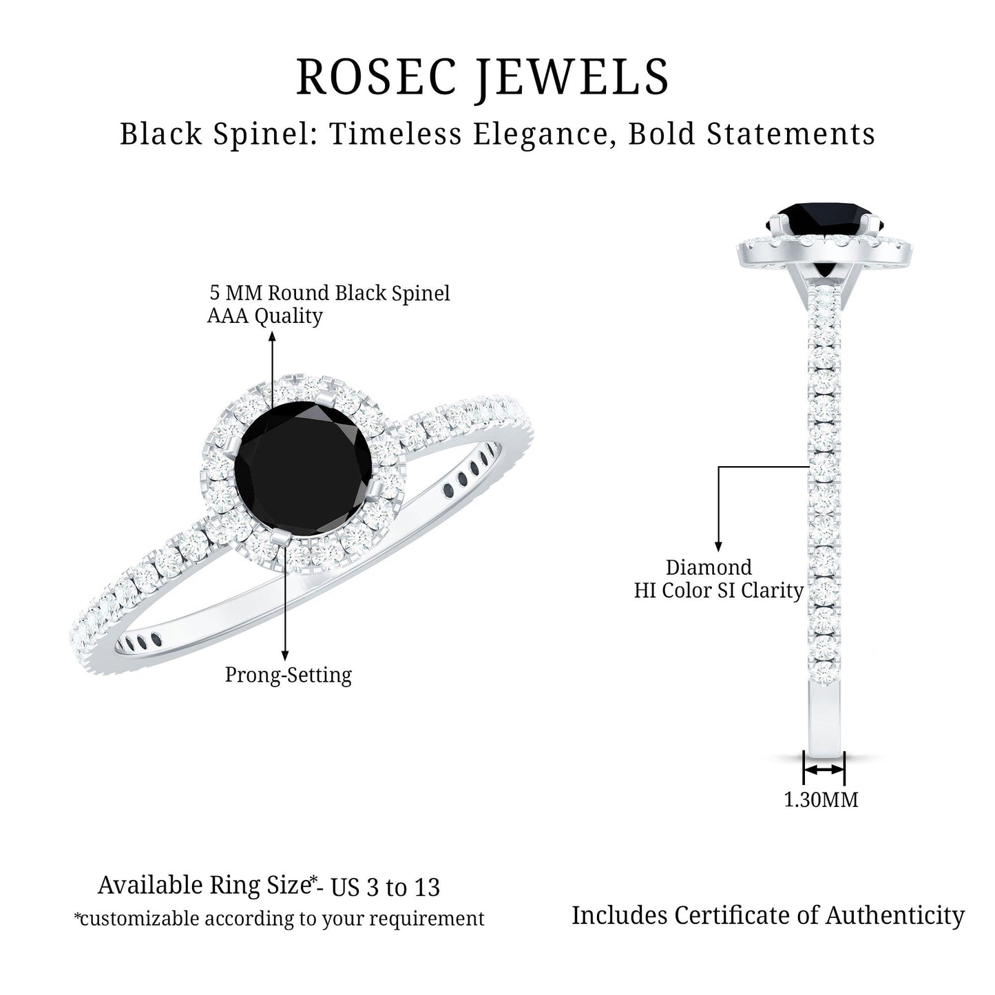 Black Spinel Minimal Engagement Ring with Diamond Halo