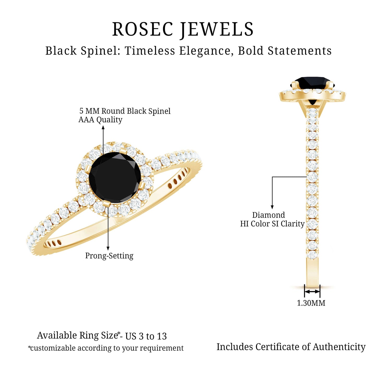 Black Spinel Minimal Engagement Ring with Diamond Halo