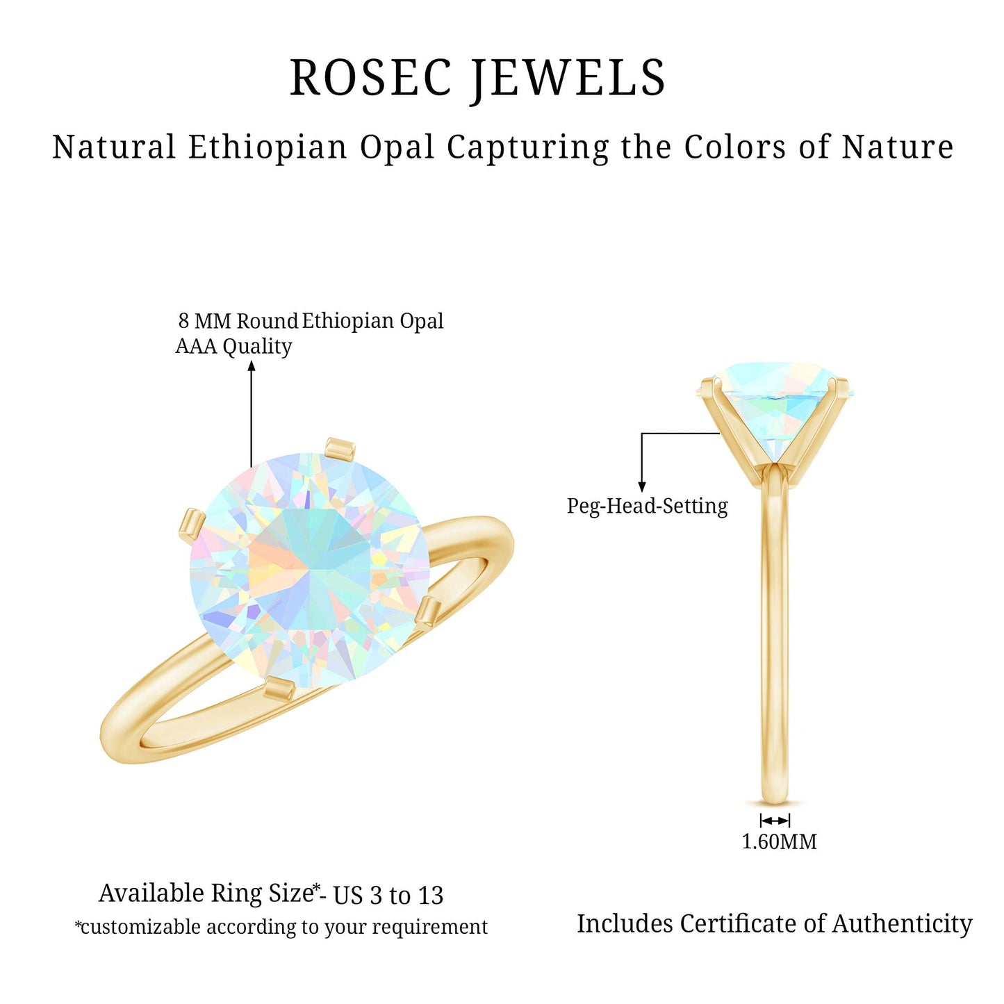 Classic 8mm Solitaire Ethiopian Opal October Birthstone Engagement Ring