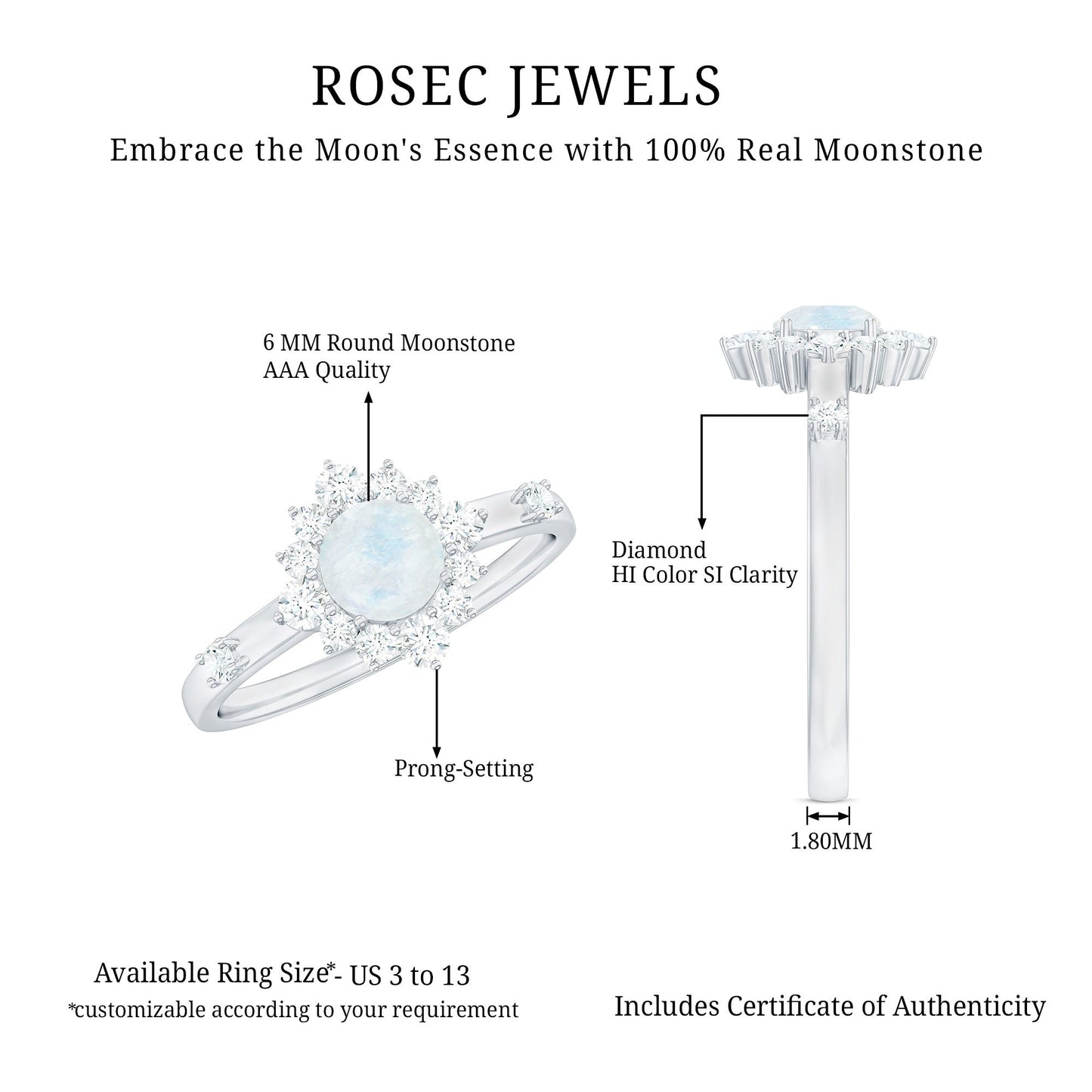 1 CT Round Moonstone and Diamond Halo Engagement Ring