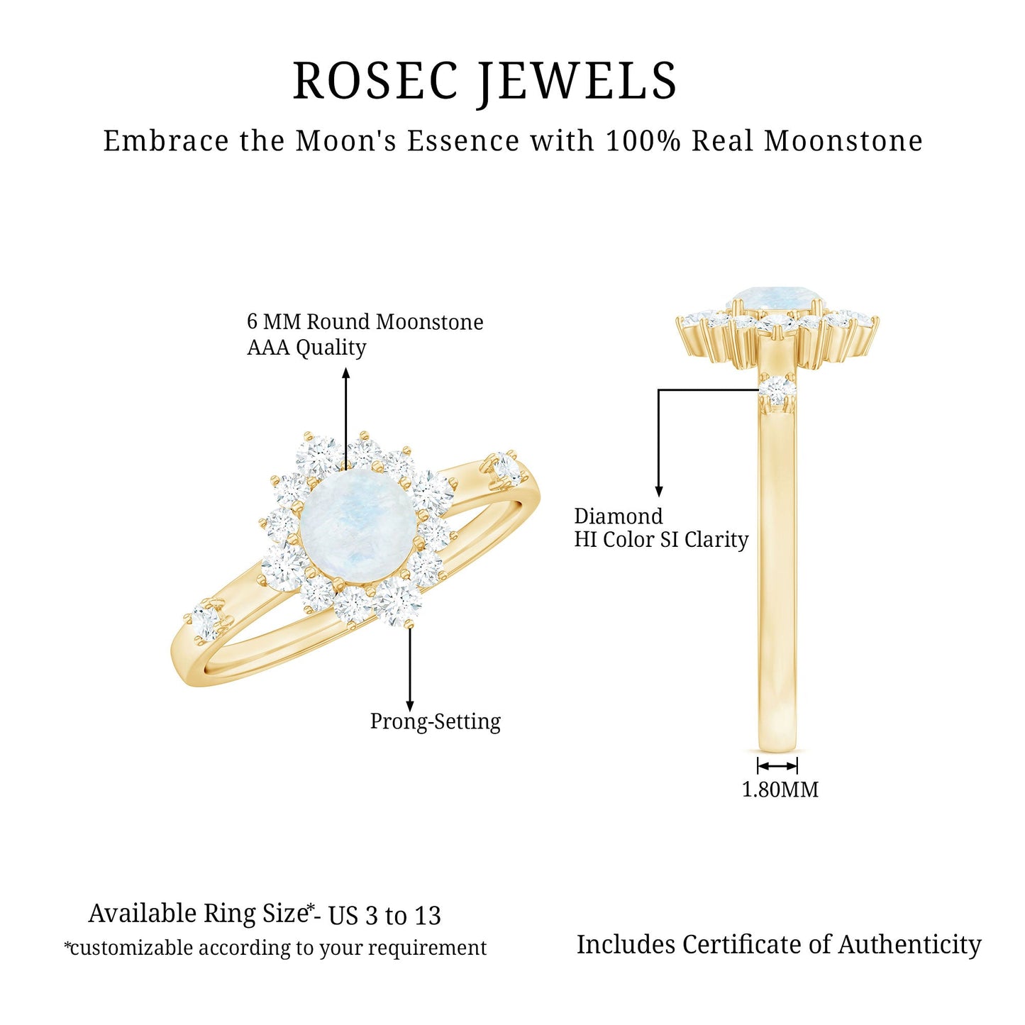 1 CT Round Moonstone and Diamond Halo Engagement Ring