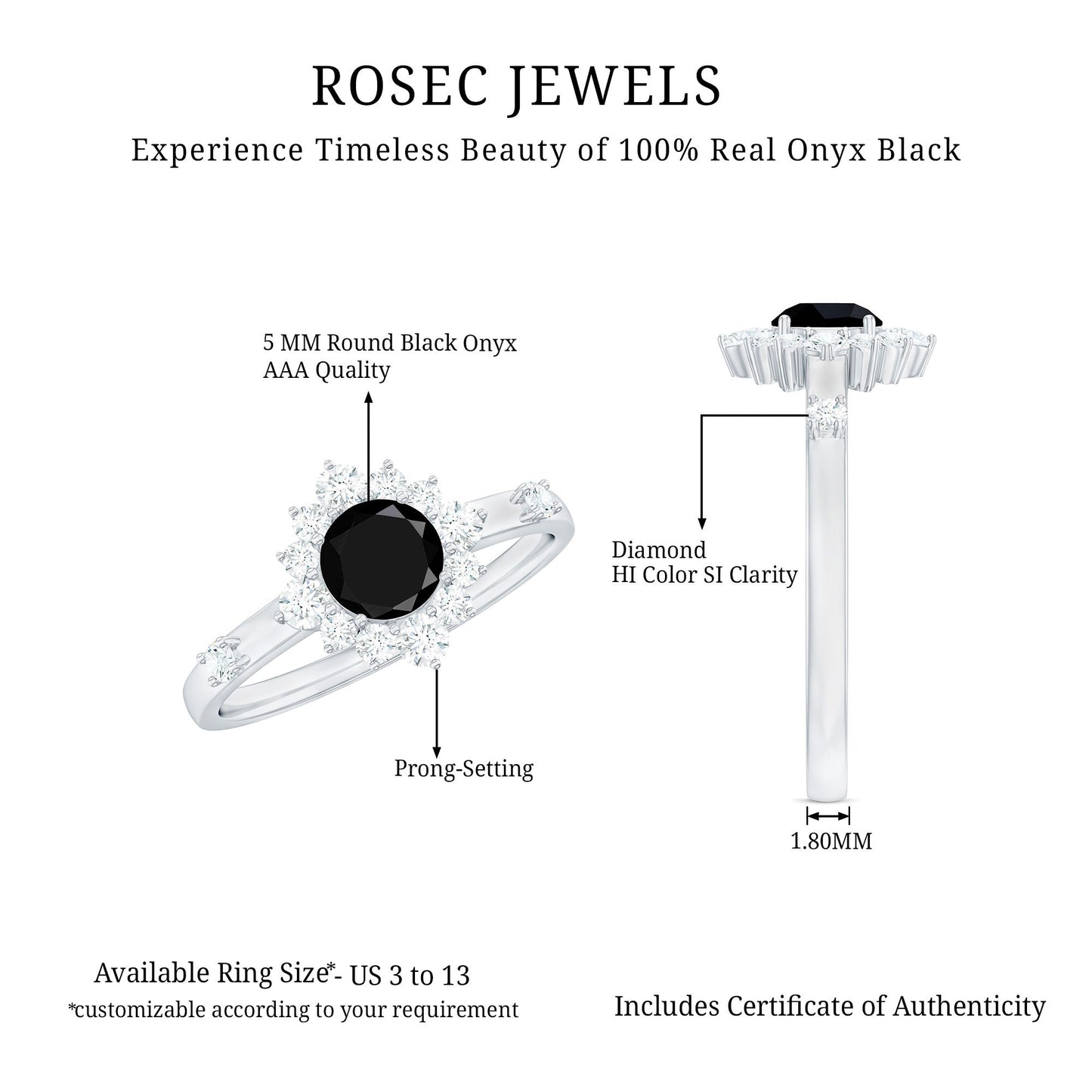 Certified Genuine 5mm Black Onyx Halo Ring with Diamond