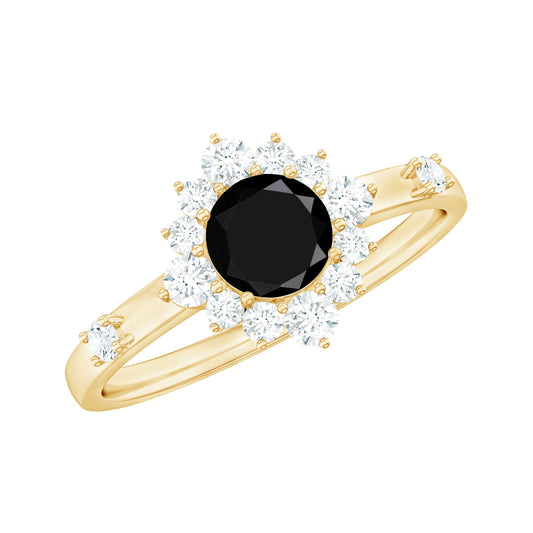 Certified Genuine 5mm Black Onyx Halo Ring with Diamond