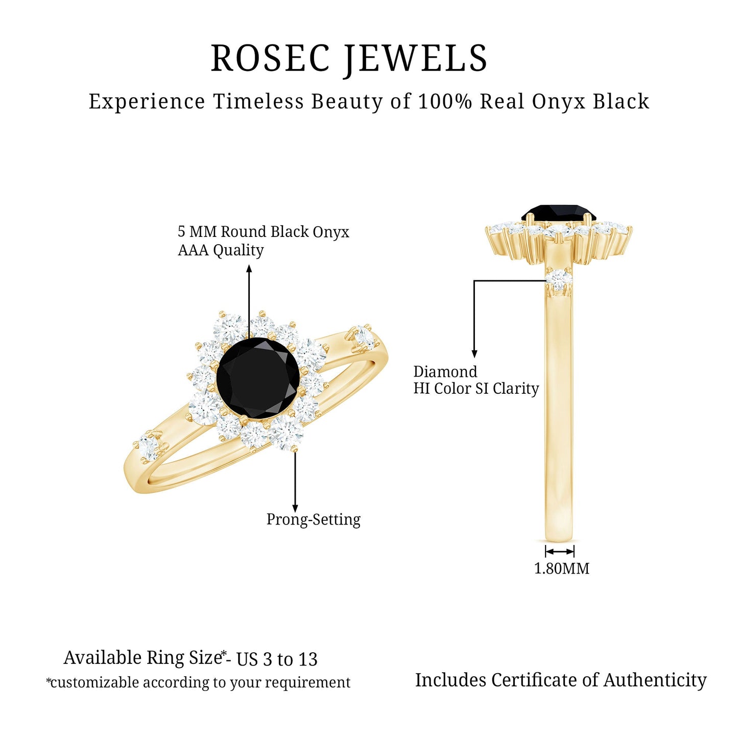 Certified Genuine 5mm Black Onyx Halo Ring with Diamond