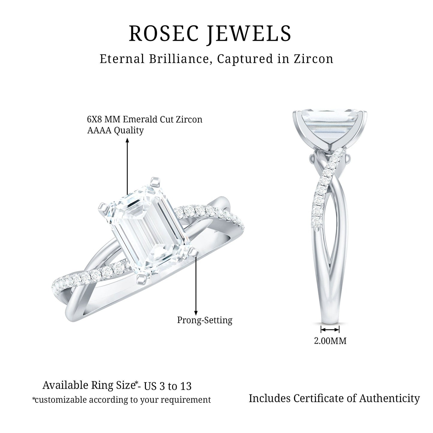 Emerald Cut Zircon Solitaire Ring in Infinity Shank