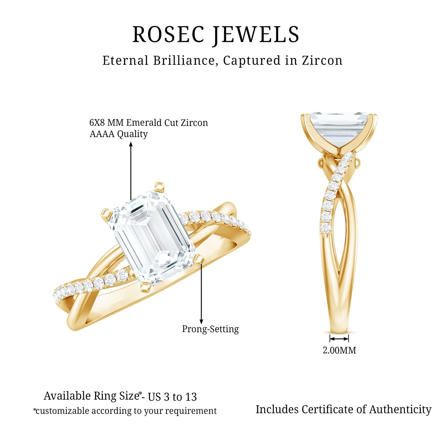Emerald Cut Zircon Solitaire Ring in Infinity Shank