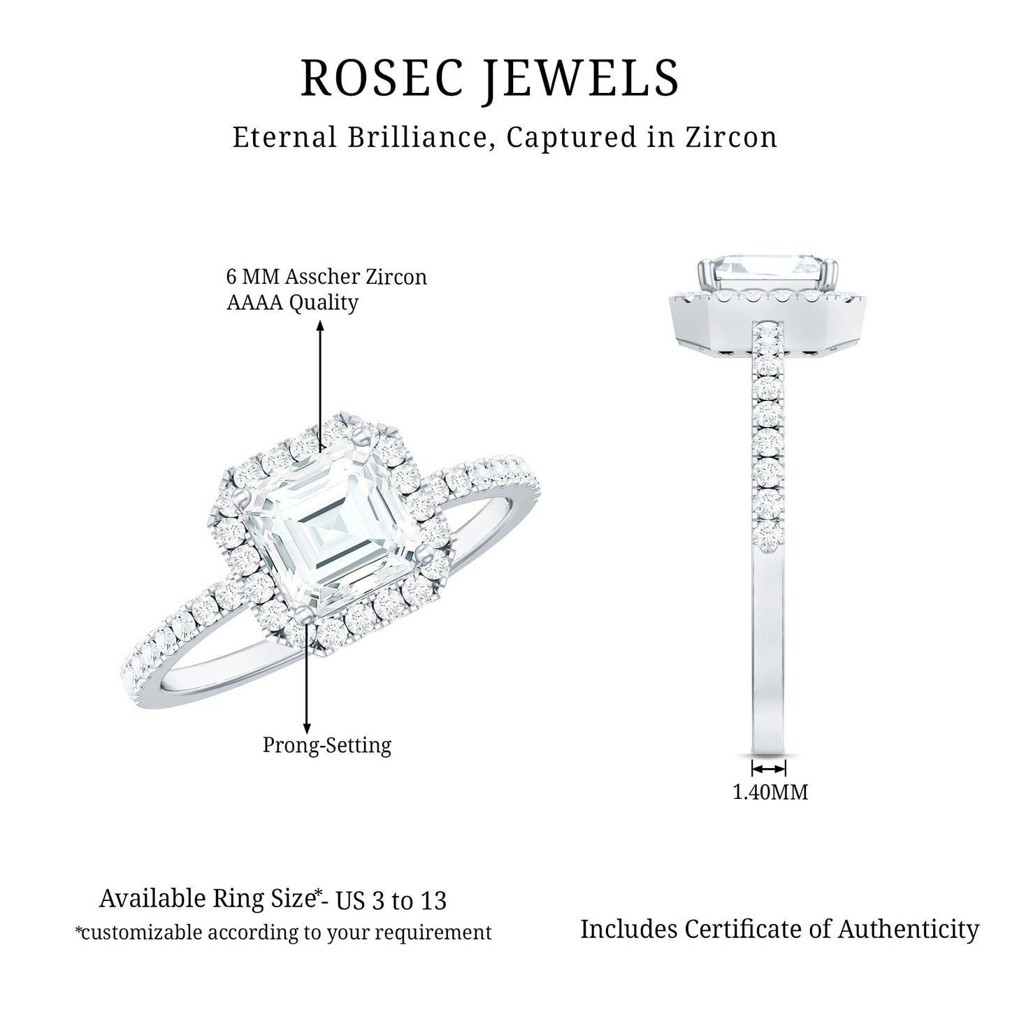 2.25 CT Asscher Cut Zircon Halo Engagement Ring in Gold