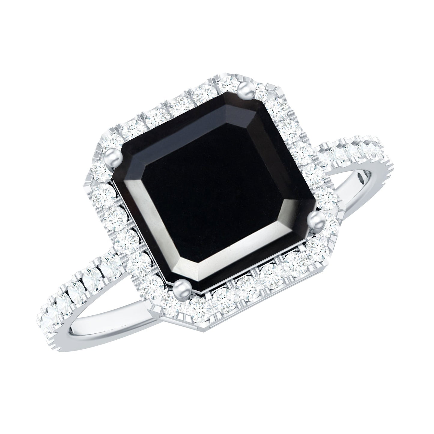 8mm Asscher Cut Black Onyx Halo Engagement Ring with Diamond