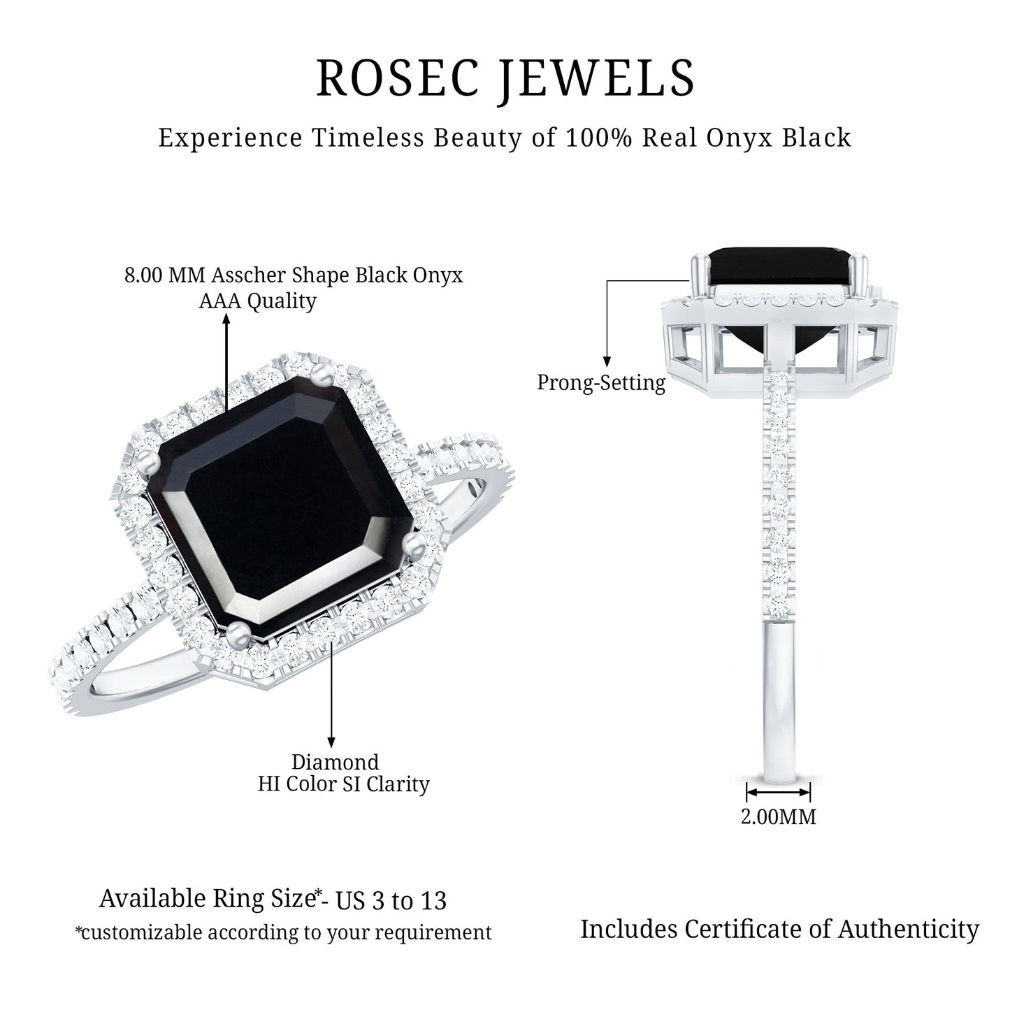 8mm Asscher Cut Black Onyx Halo Engagement Ring with Diamond