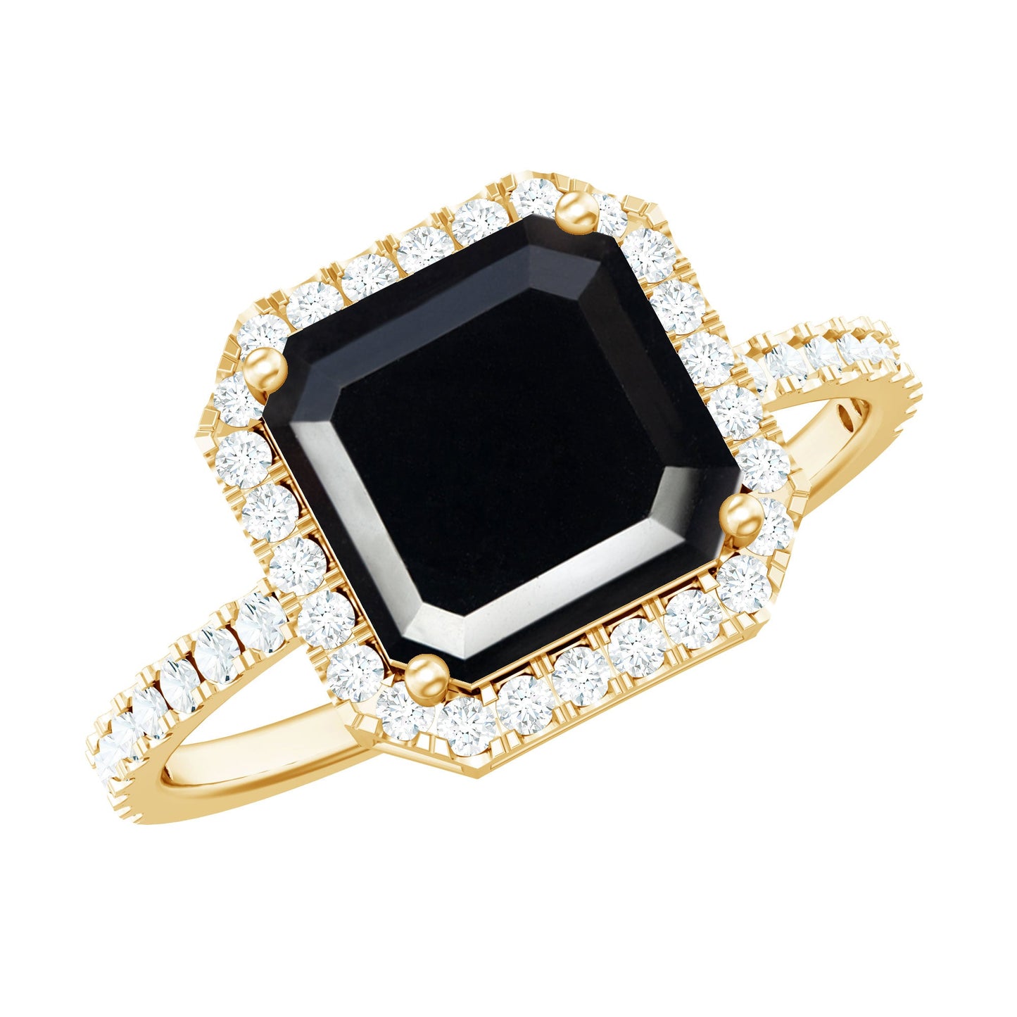 8mm Asscher Cut Black Onyx Halo Engagement Ring with Diamond