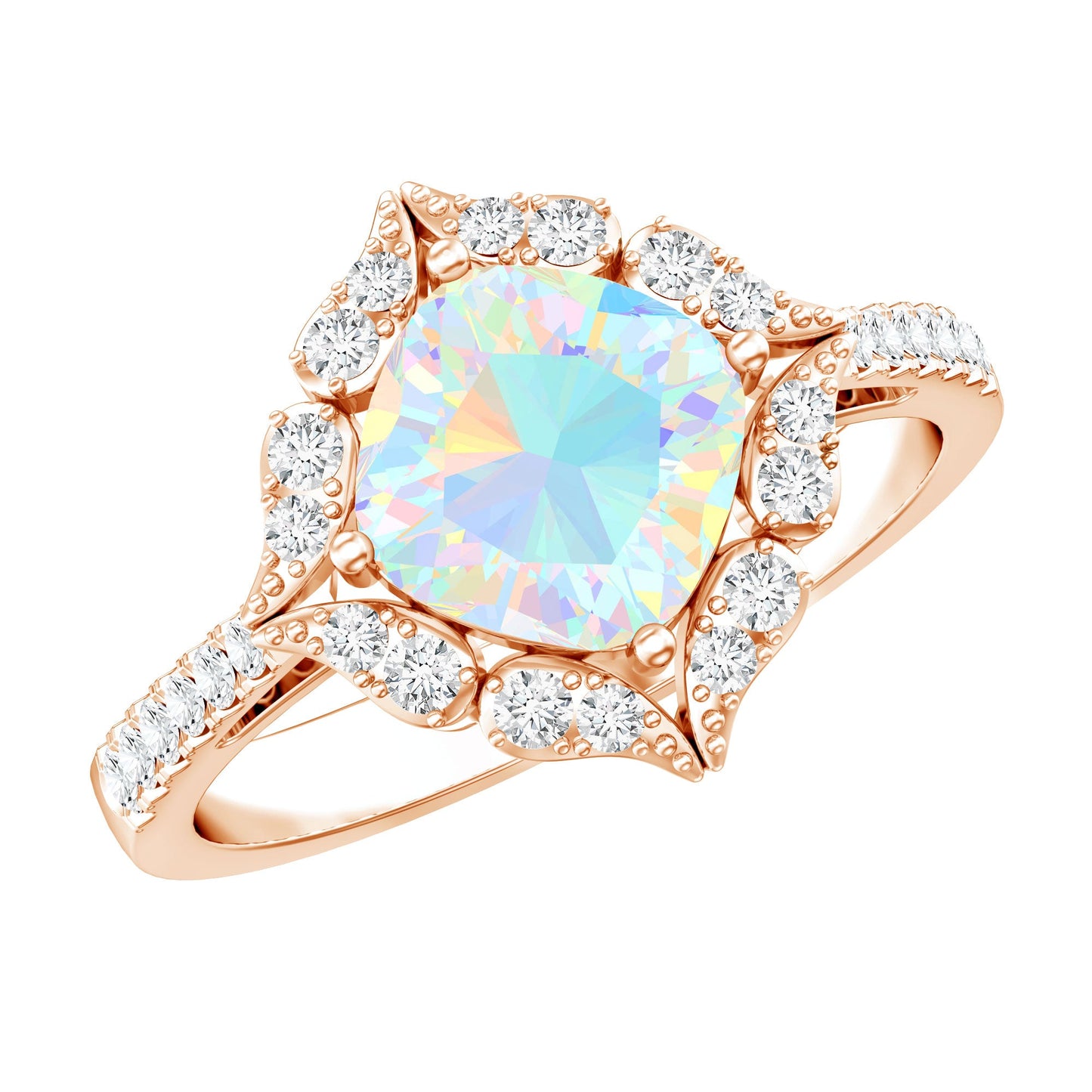 Certified Real 8mm Opalescent Vintage Inspired Engagement Ring with Diamond Halo