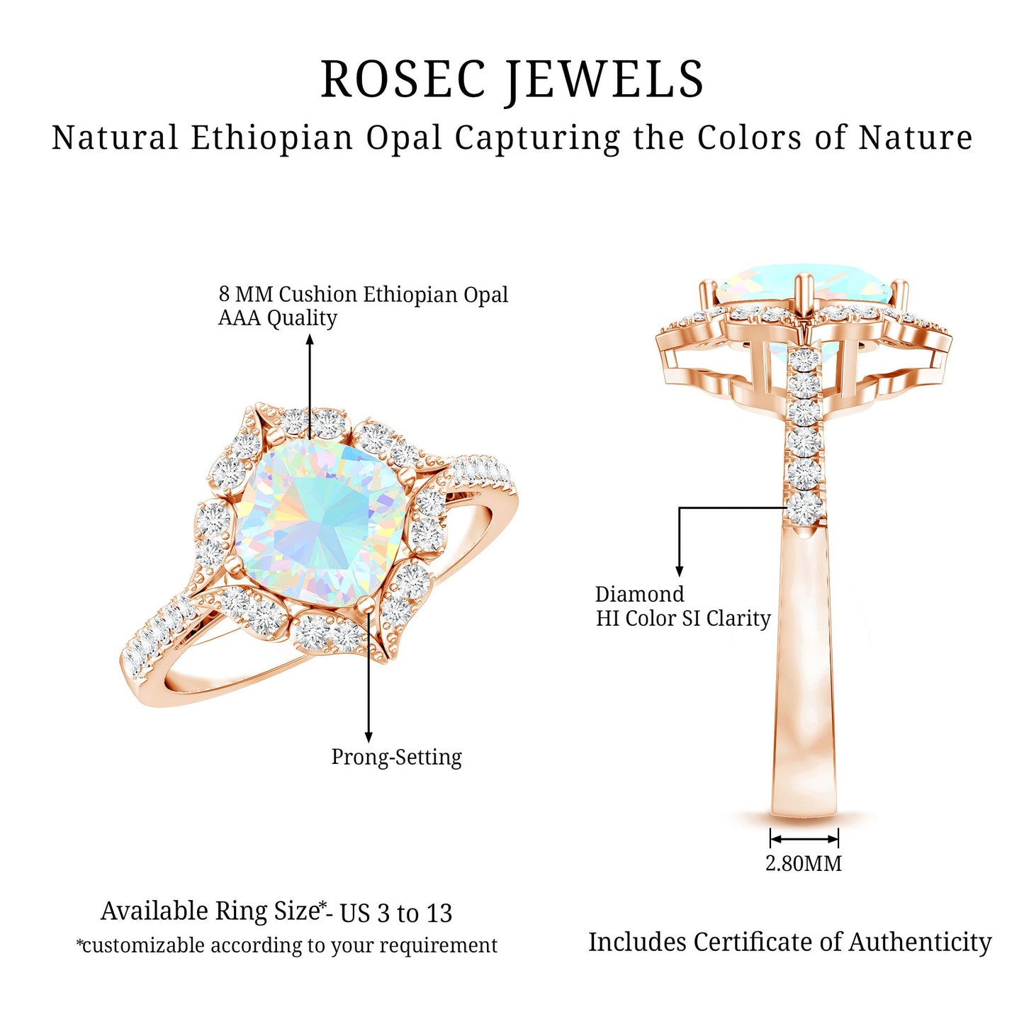 Certified Real 8mm Opalescent Vintage Inspired Engagement Ring with Diamond Halo