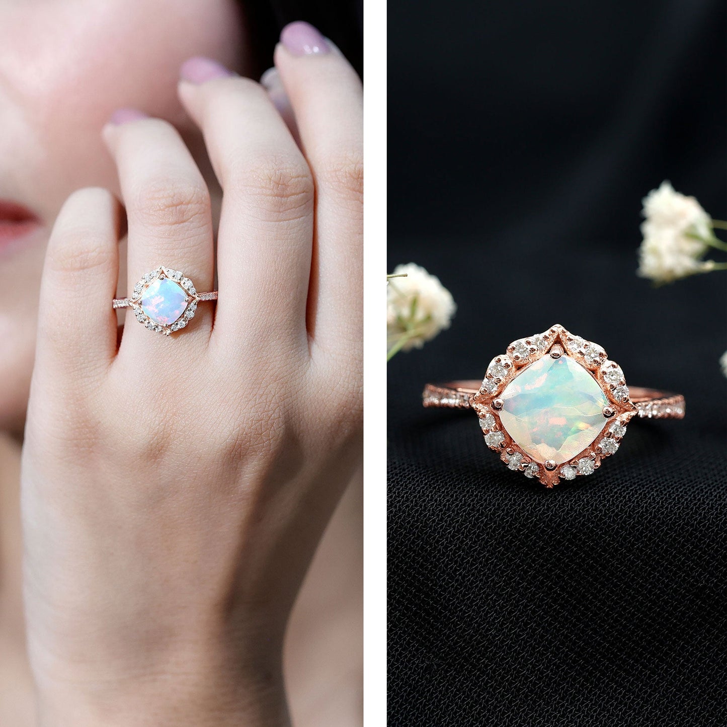 Certified Real 8mm Opalescent Vintage Inspired Engagement Ring with Diamond Halo