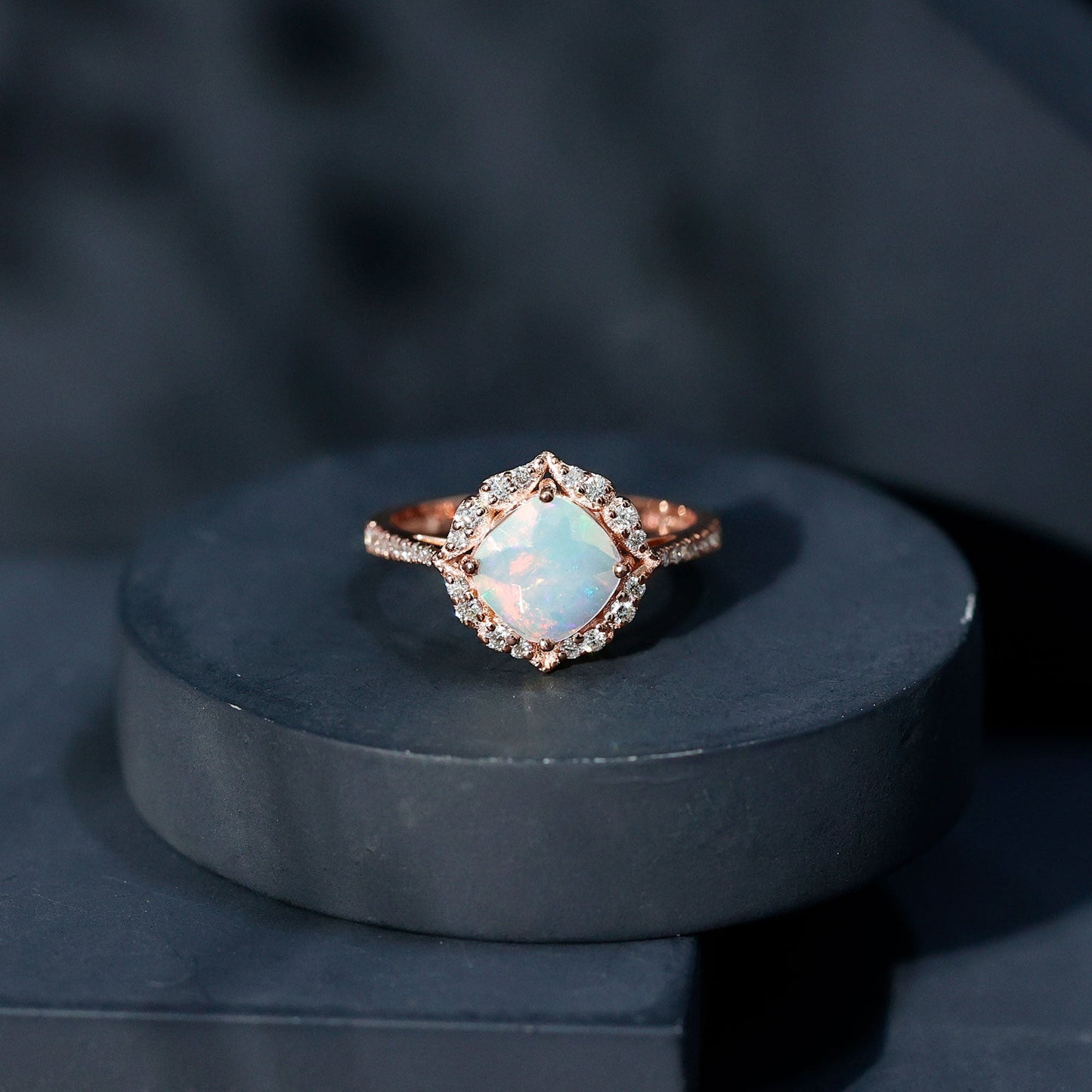 Certified Real 8mm Opalescent Vintage Inspired Engagement Ring with Diamond Halo