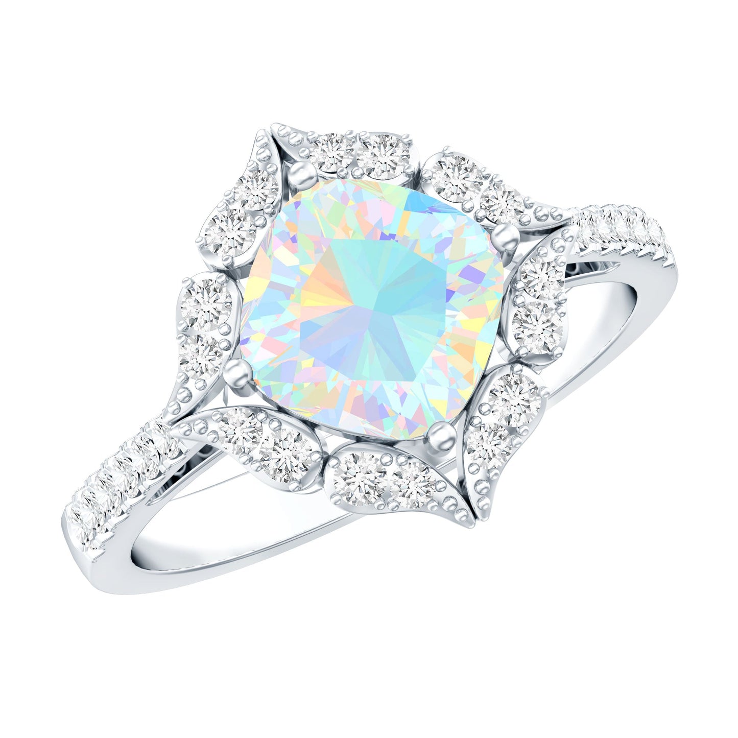 Certified Real 8mm Opalescent Vintage Inspired Engagement Ring with Diamond Halo