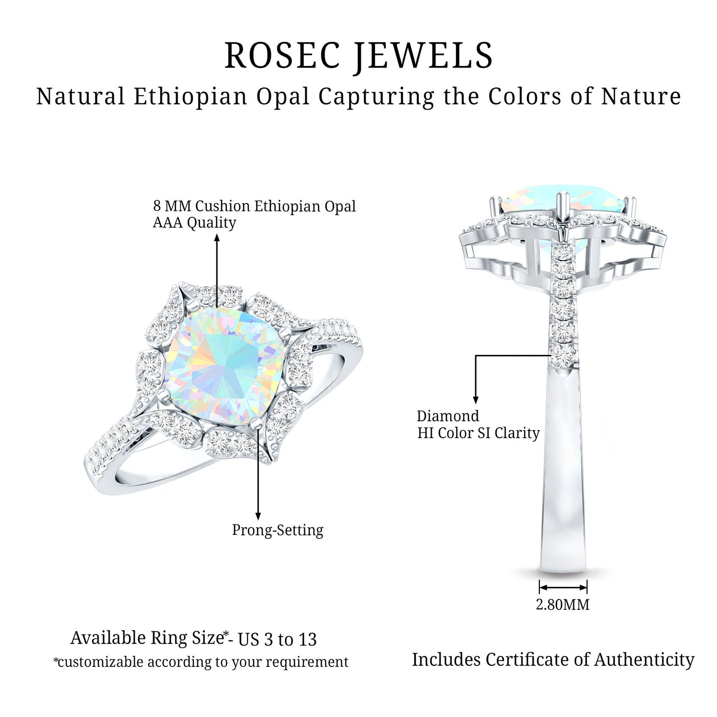 Certified Real 8mm Opalescent Vintage Inspired Engagement Ring with Diamond Halo