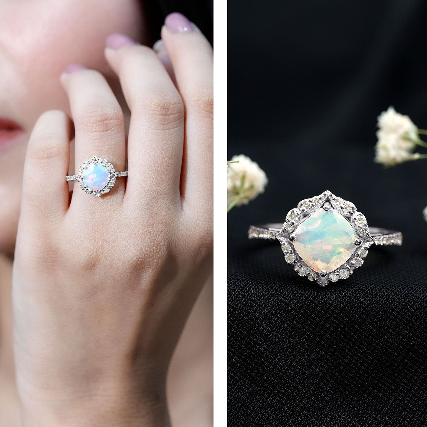 Certified Real 8mm Opalescent Vintage Inspired Engagement Ring with Diamond Halo