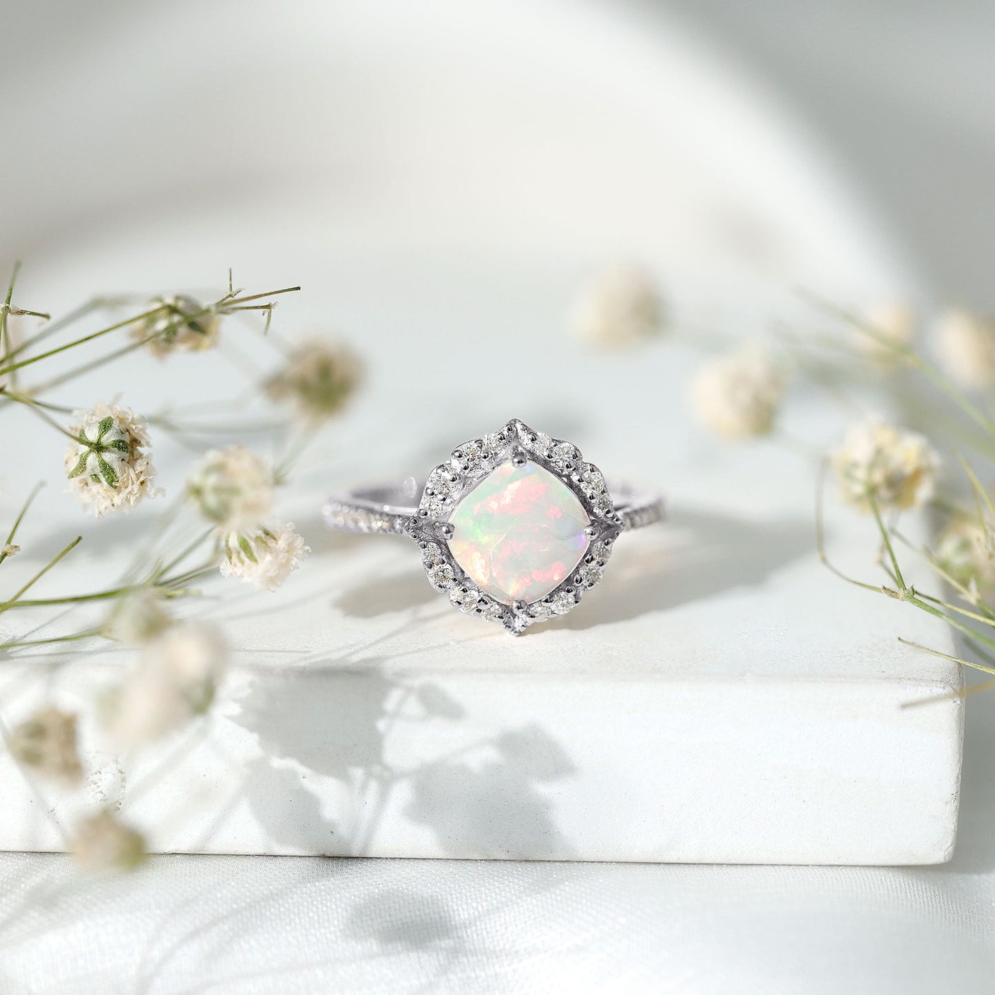 Certified Real 8mm Opalescent Vintage Inspired Engagement Ring with Diamond Halo