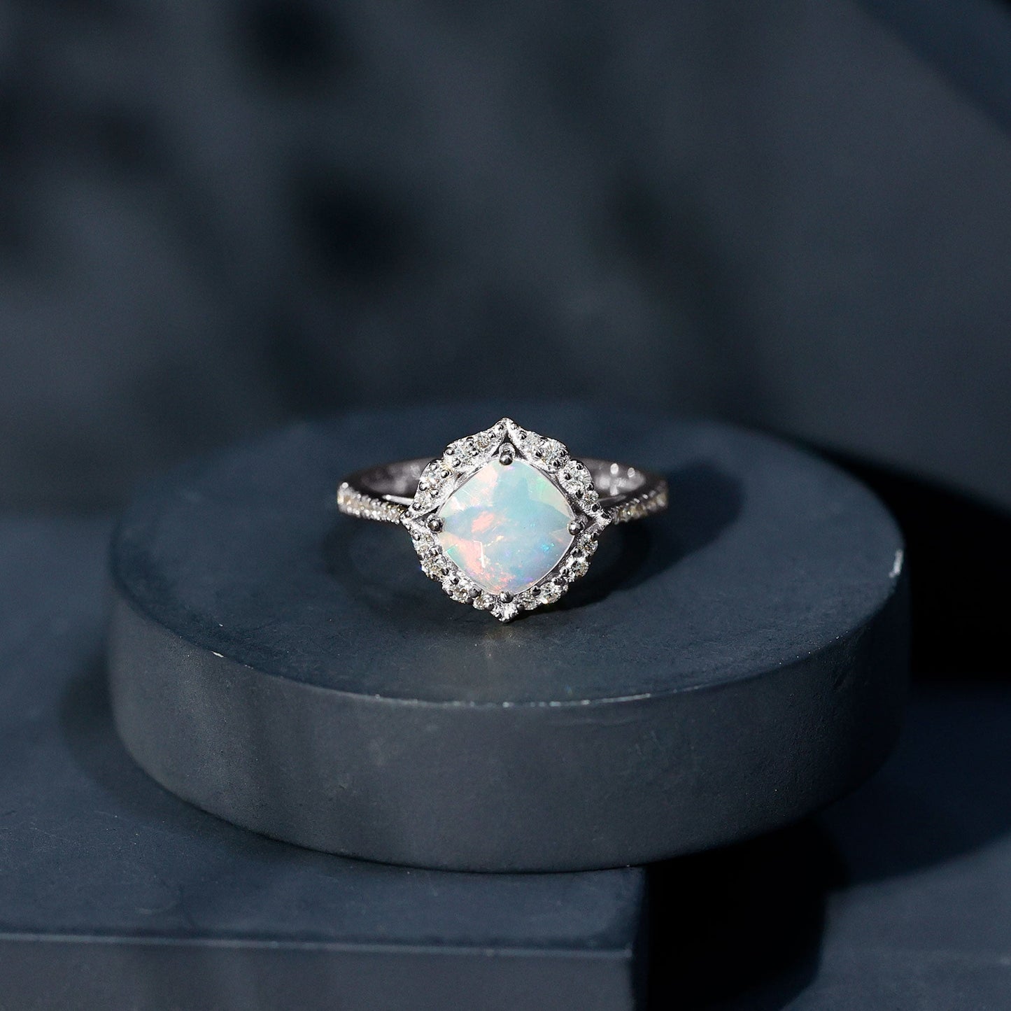 Certified Real 8mm Opalescent Vintage Inspired Engagement Ring with Diamond Halo