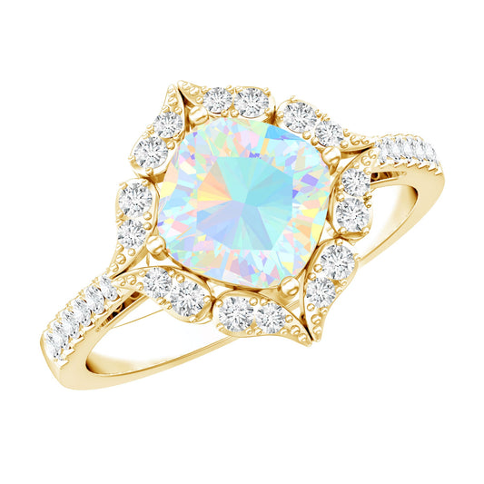 Certified Real 8mm Opalescent Vintage Inspired Engagement Ring with Diamond Halo