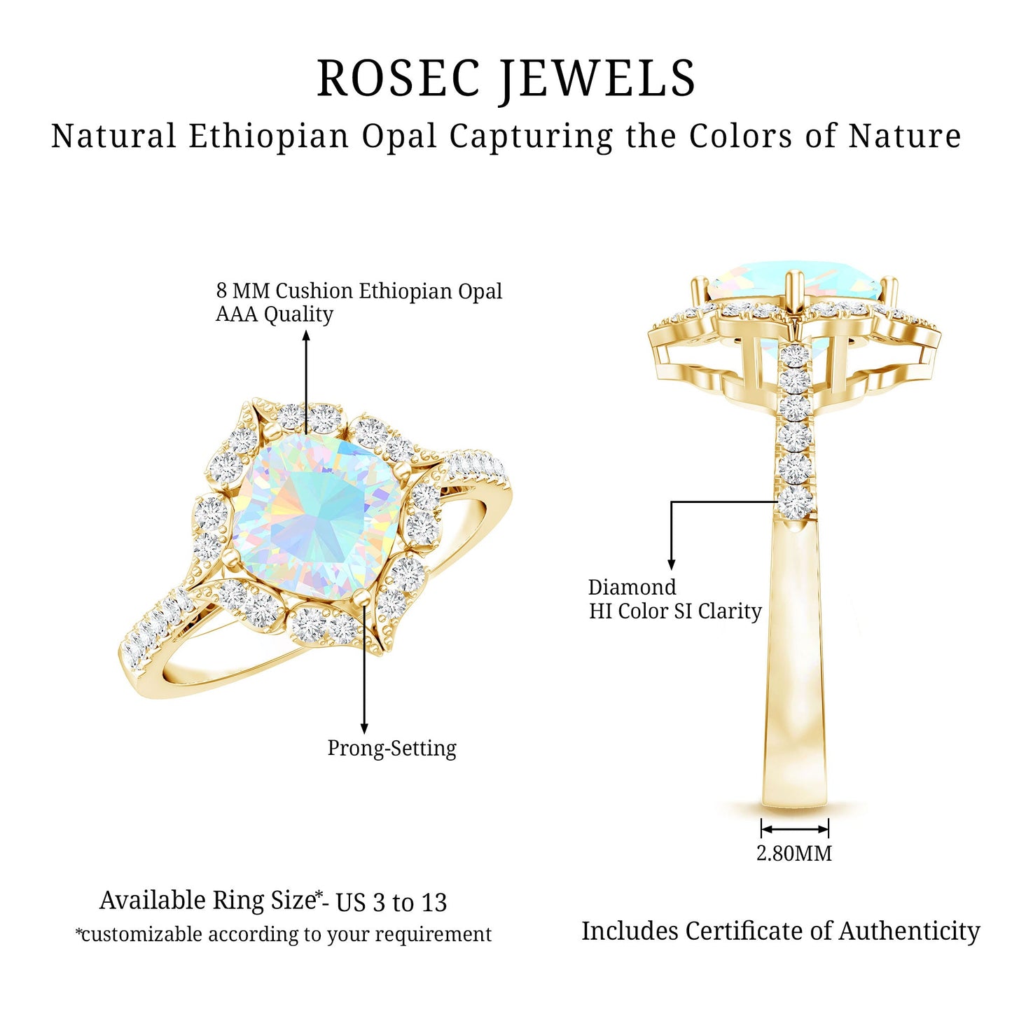 Certified Real 8mm Opalescent Vintage Inspired Engagement Ring with Diamond Halo
