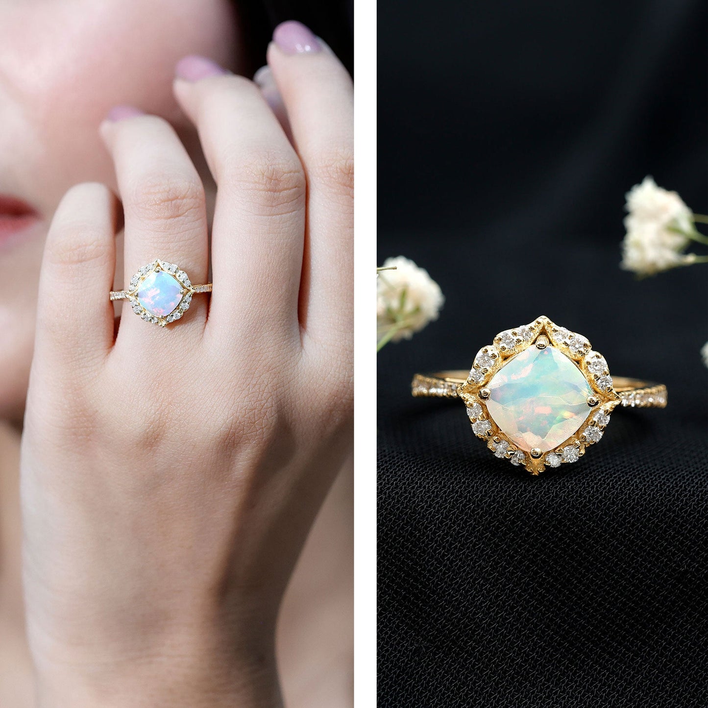 Certified Real 8mm Opalescent Vintage Inspired Engagement Ring with Diamond Halo