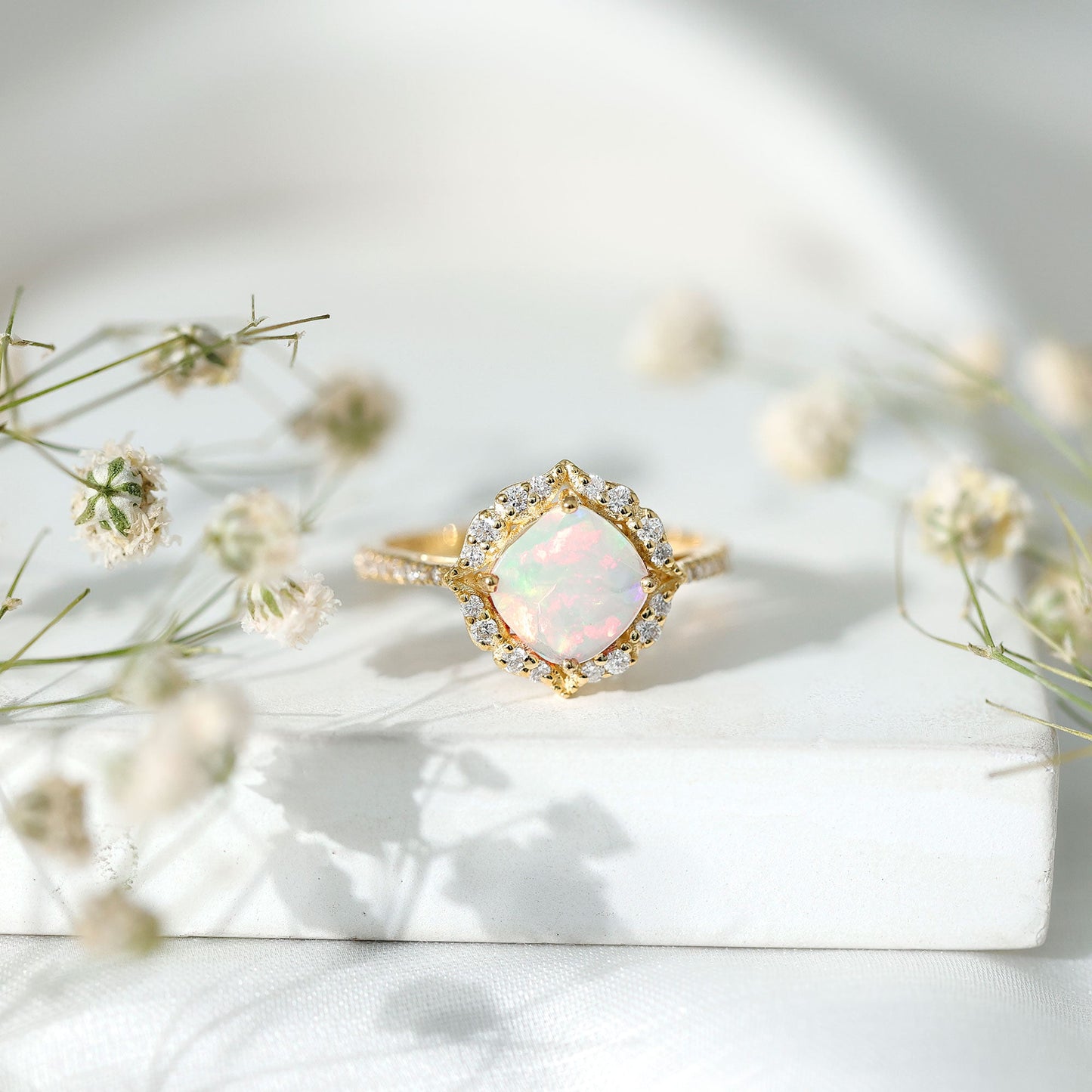 Certified Real 8mm Opalescent Vintage Inspired Engagement Ring with Diamond Halo