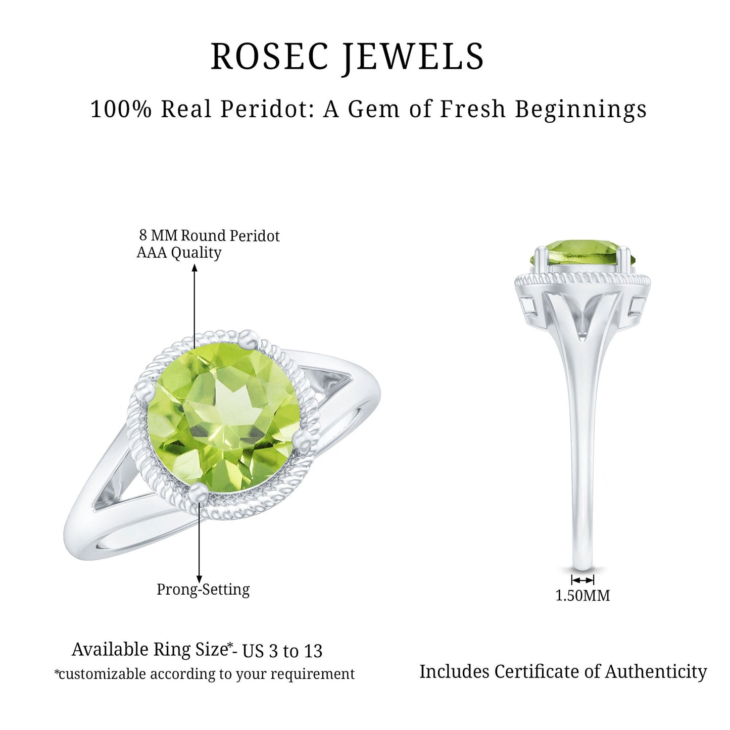 Natural 2 Carat Peridot Solitaire Engagement Ring with Split Shank