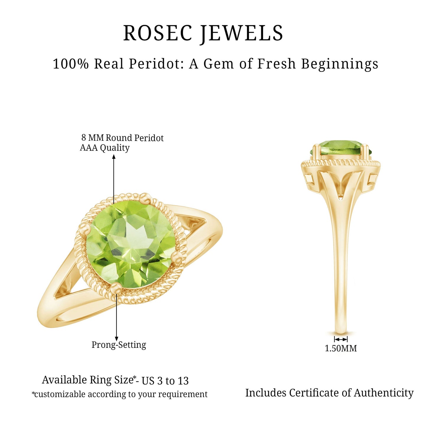 Natural 2 Carat Peridot Solitaire Engagement Ring with Split Shank