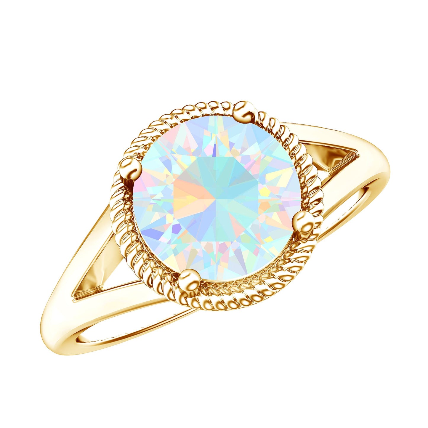 Certified Real 8 mm Round Ethiopian Opal Split Shank Engagement Ring with Twisted Rope