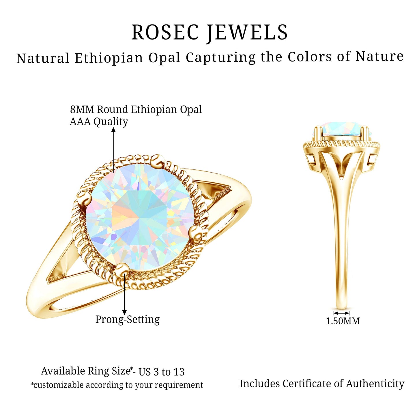 Certified Real 8 mm Round Ethiopian Opal Split Shank Engagement Ring with Twisted Rope