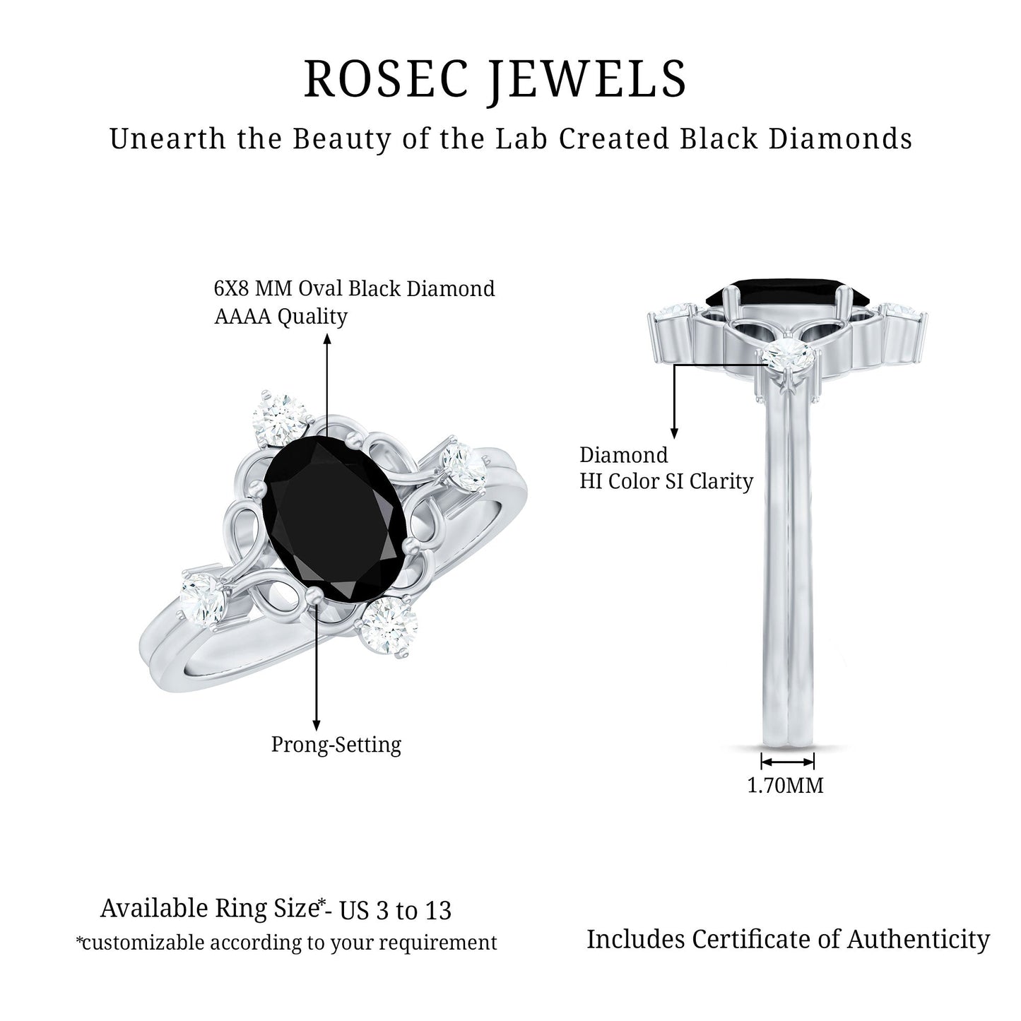 Vintage Style 1.9 Carat Lab Grown Black Diamond Oval Engagement Ring with White Diamond