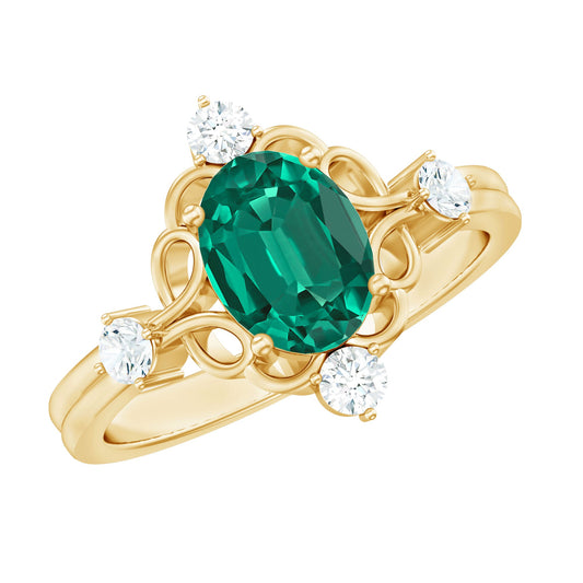 Vintage Inspired 1 Ct Lab Grown Emerald Oval Engagement Ring with Diamond