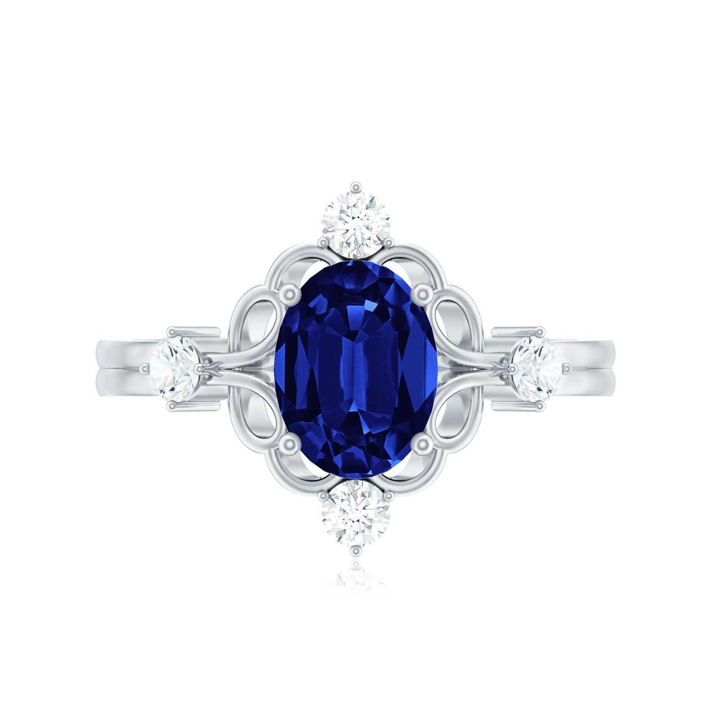 6X8 mm Oval Cut Lab Grown Blue Sapphire Oblong Engagement Ring with Diamond